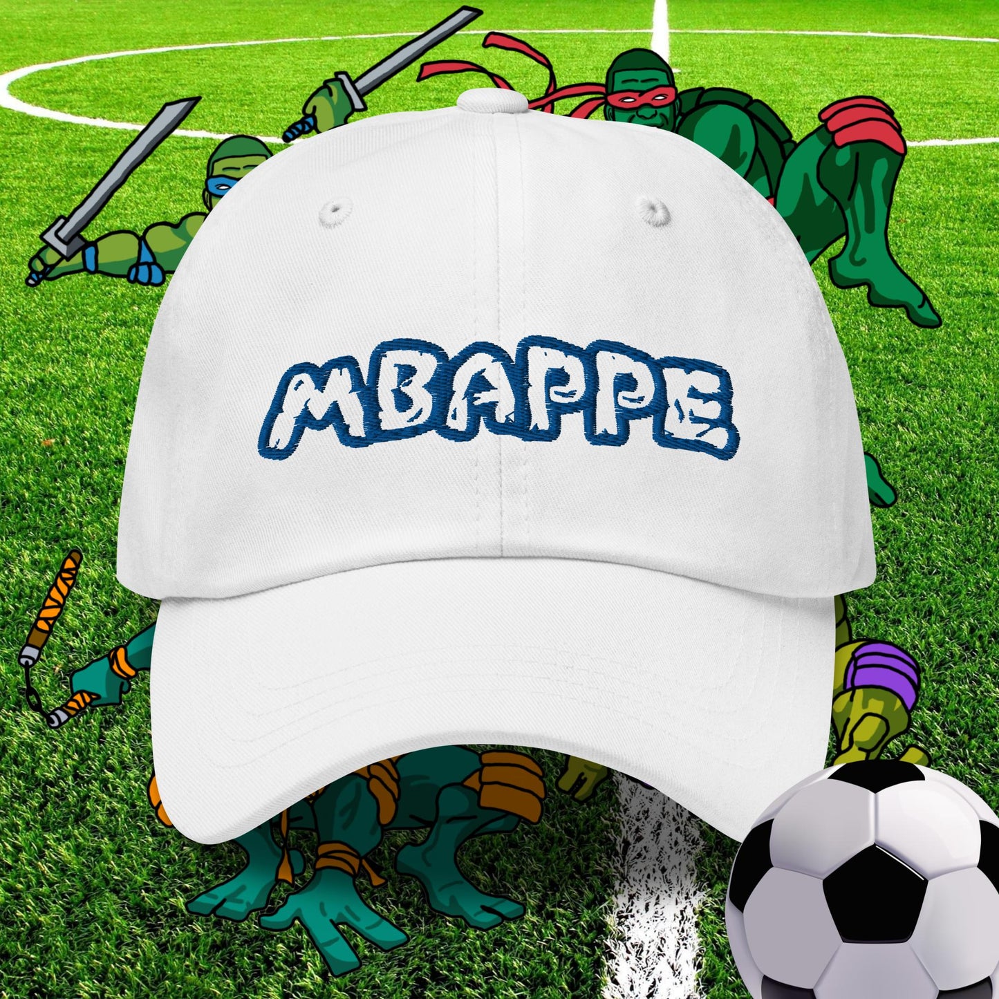 Kylian Mbappe Ninja Turtles Real Madrid Soccer Football Dad hat White Hats Football Kylian Mbappe PSG Real Madrid Next Cult Brand