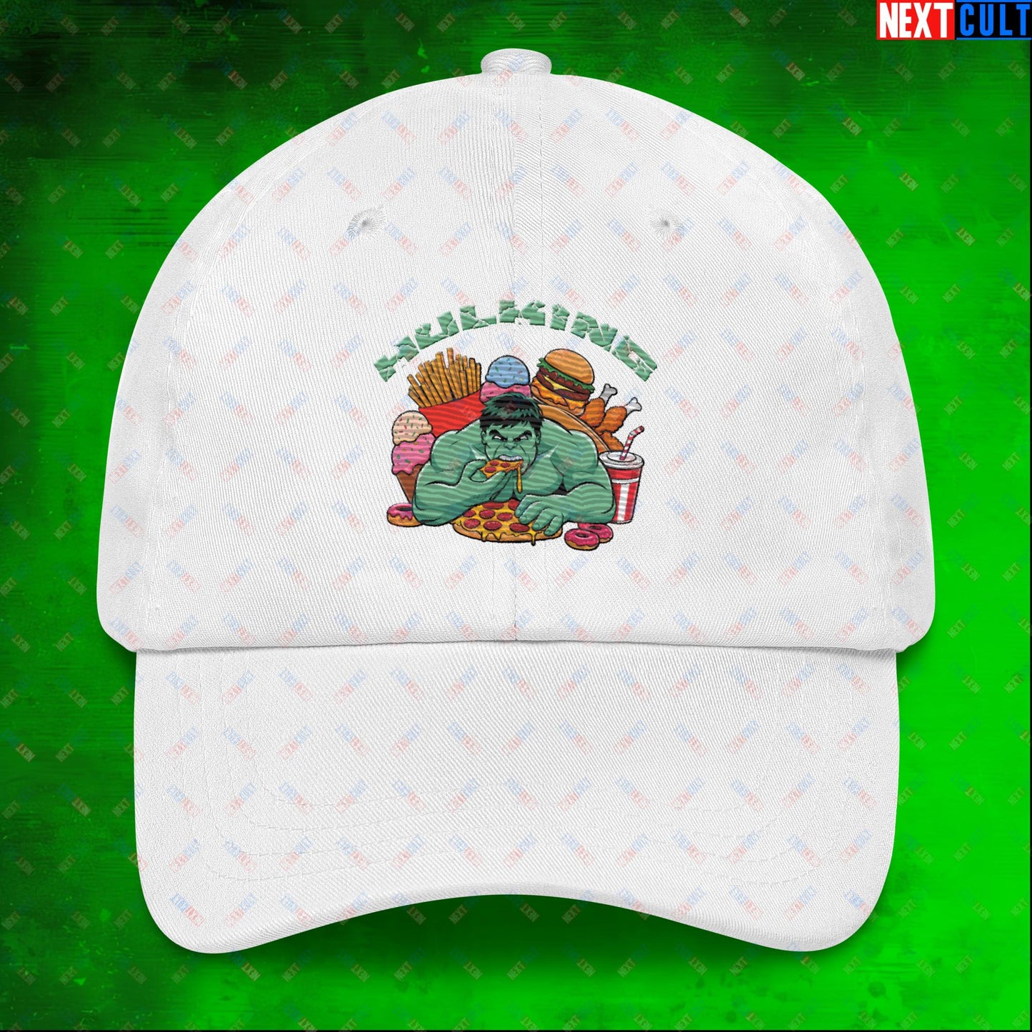 Hulking Bulking Funny Gym Meme Cartoon Dad hat White Hats Bulking Fast Food Fitness Gym Hulk Movies Workout Next Cult Brand
