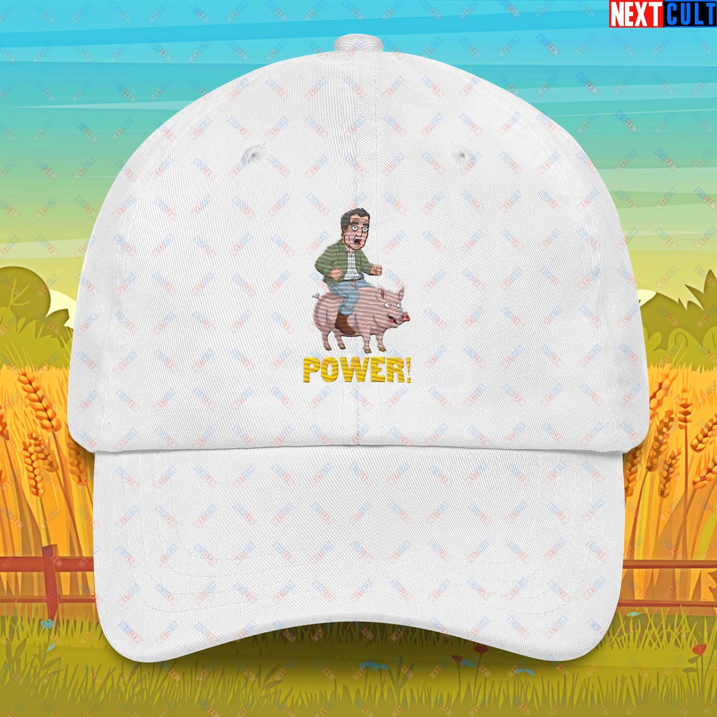 Power Pig Farming Jeremy Clarkson's Farm Diddly Squat Grand Tour Top Gear Funny Meme Cartoon Dad hat White Hats Clarkson's Farm Grand Tour Jeremy Clarkson Top Gear TV Shows Next Cult Brand