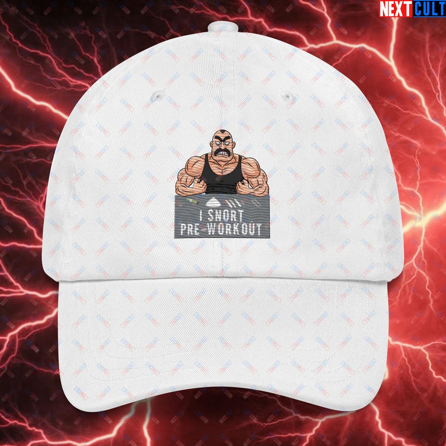 I Snort Pre-workout Gym Bro Fitness Bodybuilding Workout Weightlifting Powerlifting Funny Meme Cartoon Dad hat White Hats Next Cult Brand