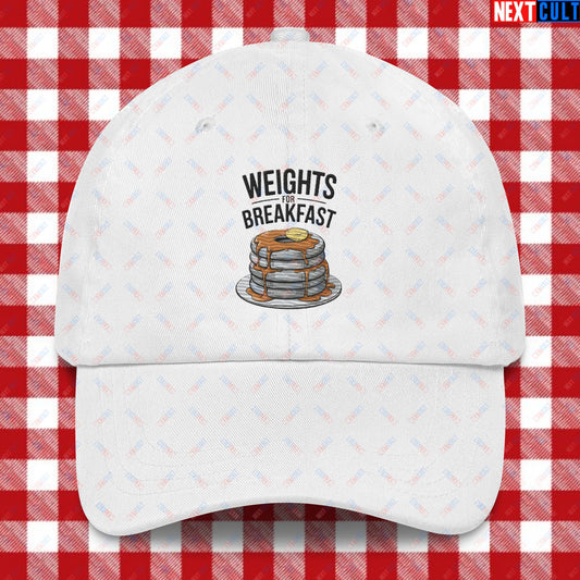 Weights For Breakfast Pancake Weights Funny Gym Workout Fitness Lifting Meme Cartoon Dad hat White Hats Bulking Next Cult Brand