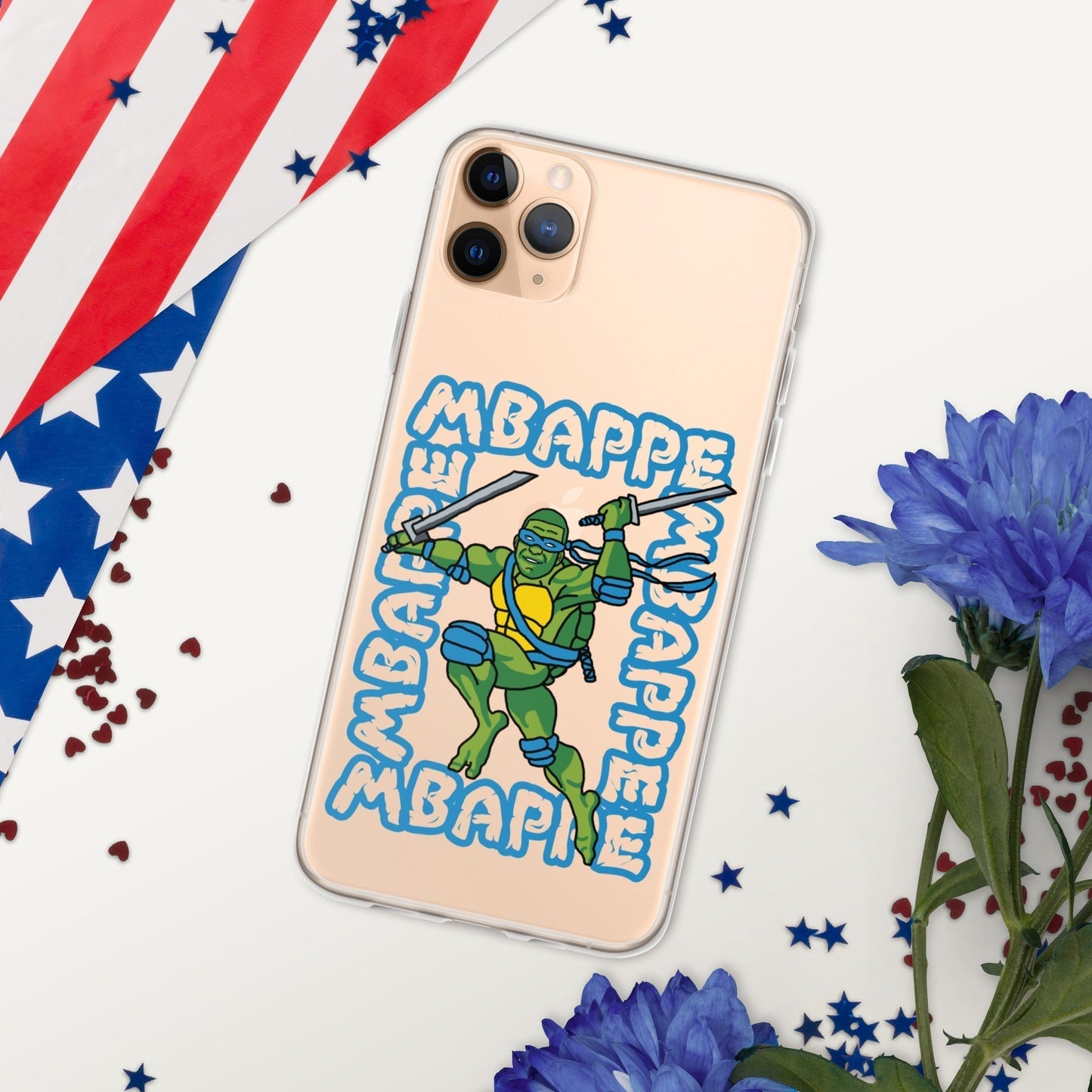 Kylian Mbappe Blue Ninja Turtle Leonardo Clear Case for iPhone® iPhone 11 Pro Max Mobile Phone Cases Football Kylian Mbappe Ninja Turtles PSG Real Madrid Next Cult Brand