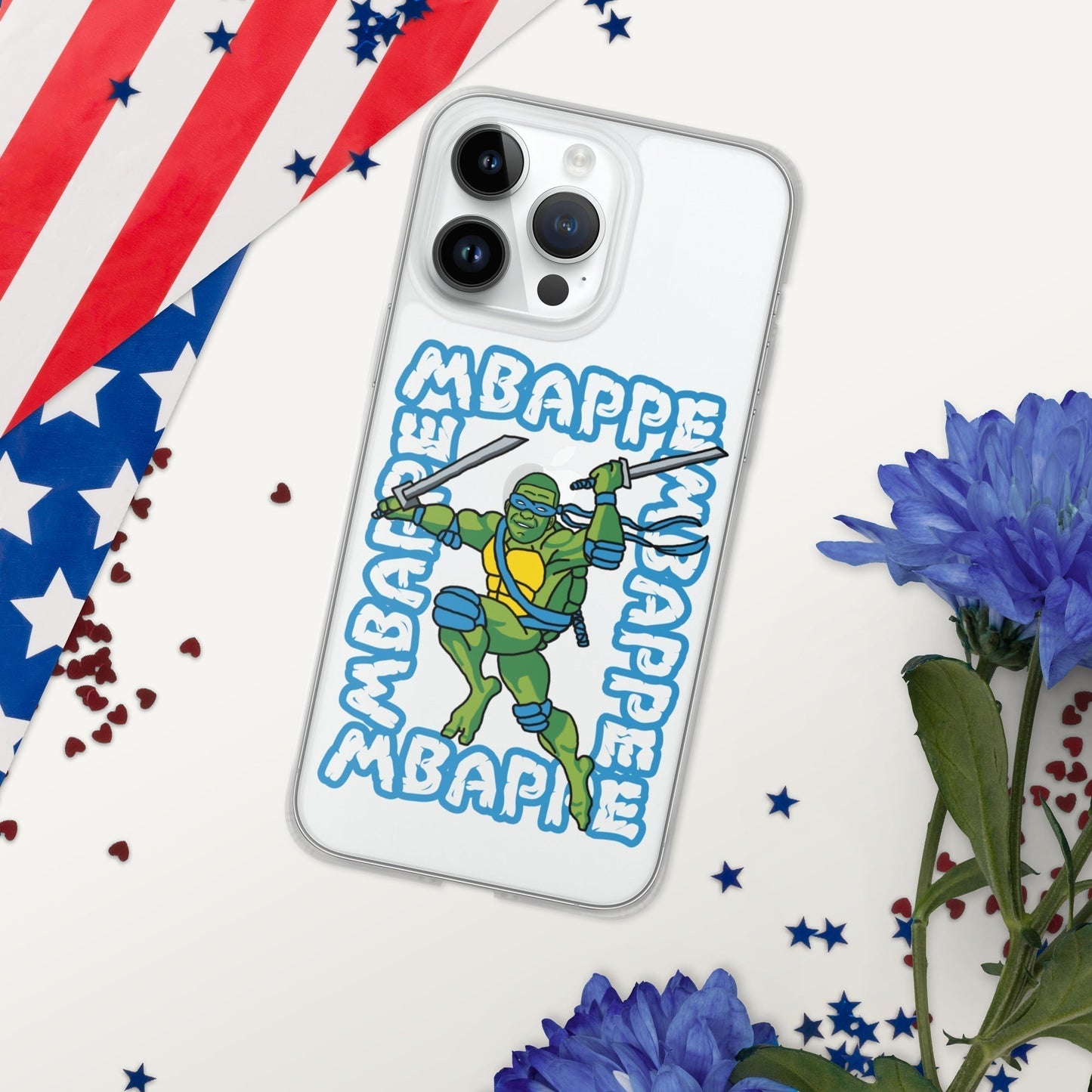 Kylian Mbappe Blue Ninja Turtle Leonardo Clear Case for iPhone® iPhone 14 Pro Max Mobile Phone Cases Football Kylian Mbappe Ninja Turtles PSG Real Madrid Next Cult Brand