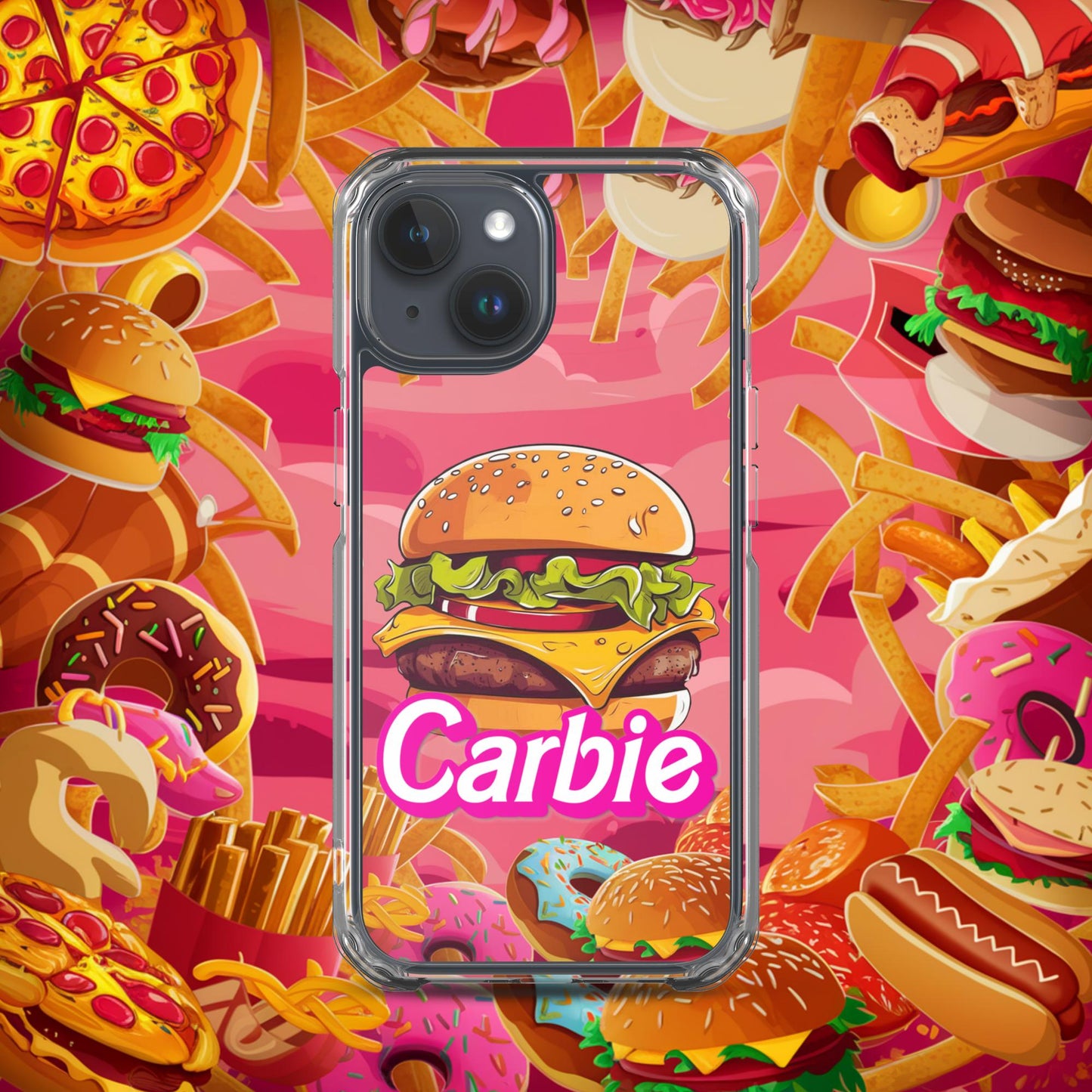 Carbie Barbie Cheeseburger Clear Case for iPhone iPhone 15 Mobile Phone Cases Barbie Burgers Carbie Fast Food Movies Next Cult Brand