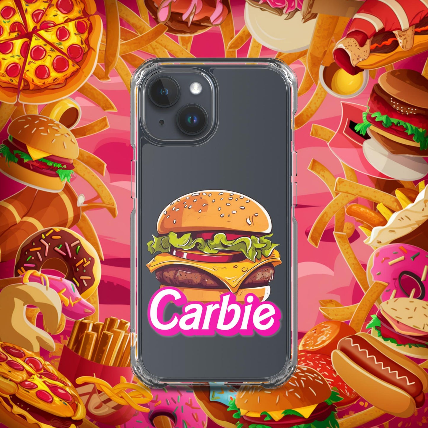 Carbie Barbie Cheeseburger Clear Case for iPhone iPhone 15 Mobile Phone Cases Barbie Burgers Carbie Fast Food Movies Next Cult Brand