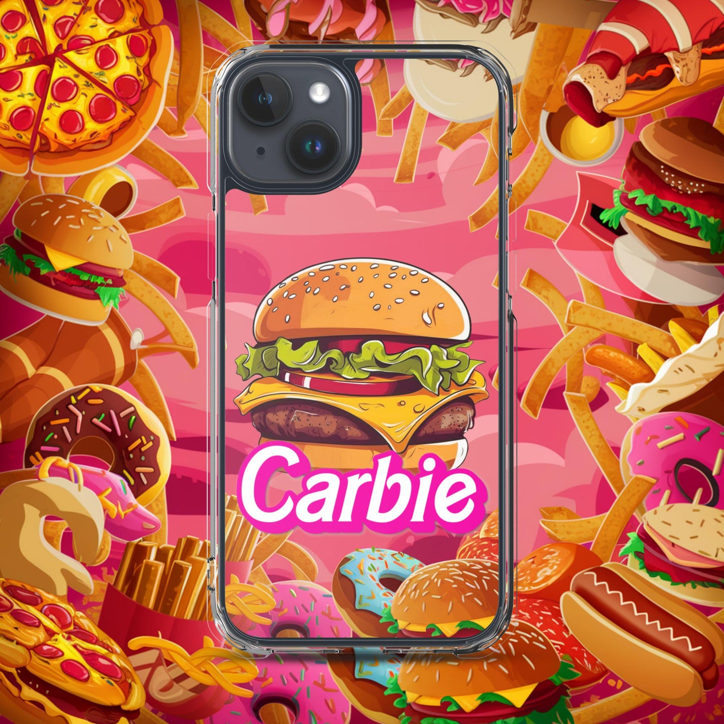Carbie Barbie Cheeseburger Clear Case for iPhone iPhone 15 Plus Mobile Phone Cases Barbie Burgers Carbie Fast Food Movies Next Cult Brand