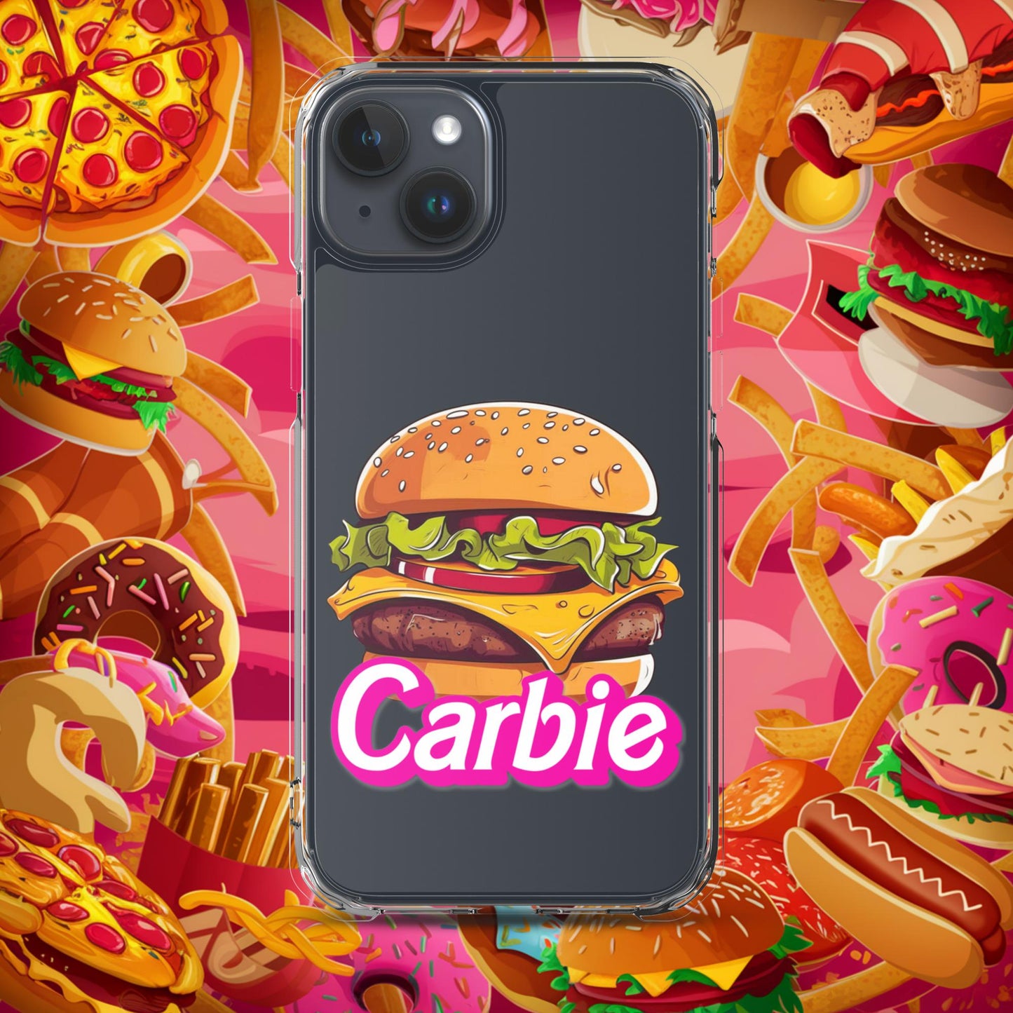 Carbie Barbie Cheeseburger Clear Case for iPhone iPhone 15 Plus Mobile Phone Cases Barbie Burgers Carbie Fast Food Movies Next Cult Brand