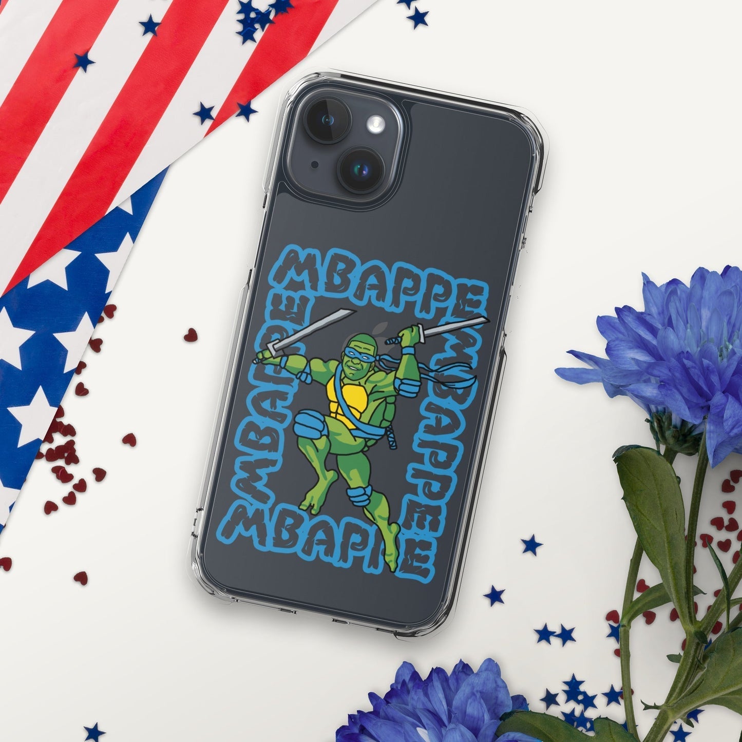 Kylian Mbappe Blue Ninja Turtle Leonardo Clear Case for iPhone® iPhone 15 Plus Mobile Phone Cases Football Kylian Mbappe Ninja Turtles PSG Real Madrid Next Cult Brand