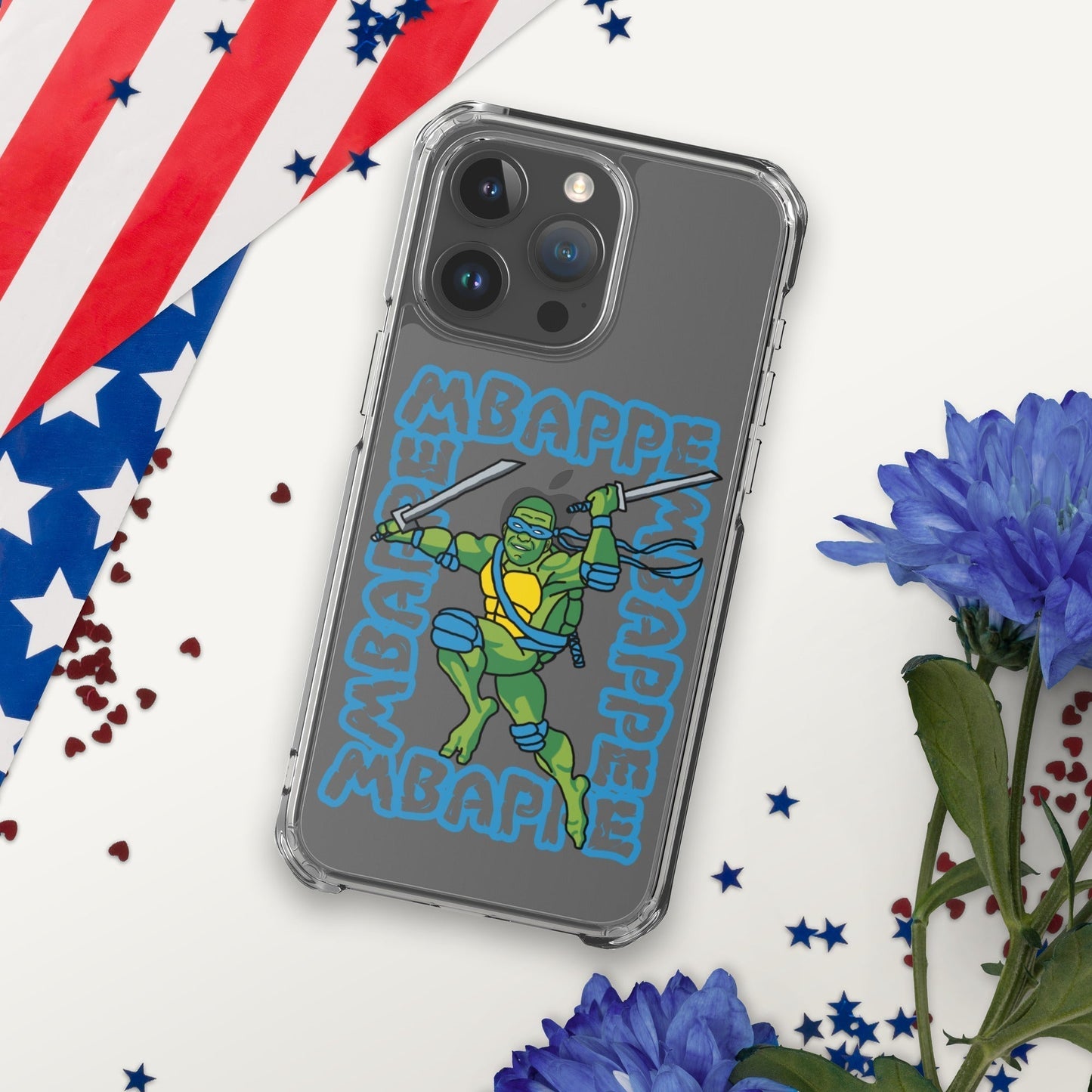 Kylian Mbappe Blue Ninja Turtle Leonardo Clear Case for iPhone® iPhone 15 Pro Max Mobile Phone Cases Football Kylian Mbappe Ninja Turtles PSG Real Madrid Next Cult Brand
