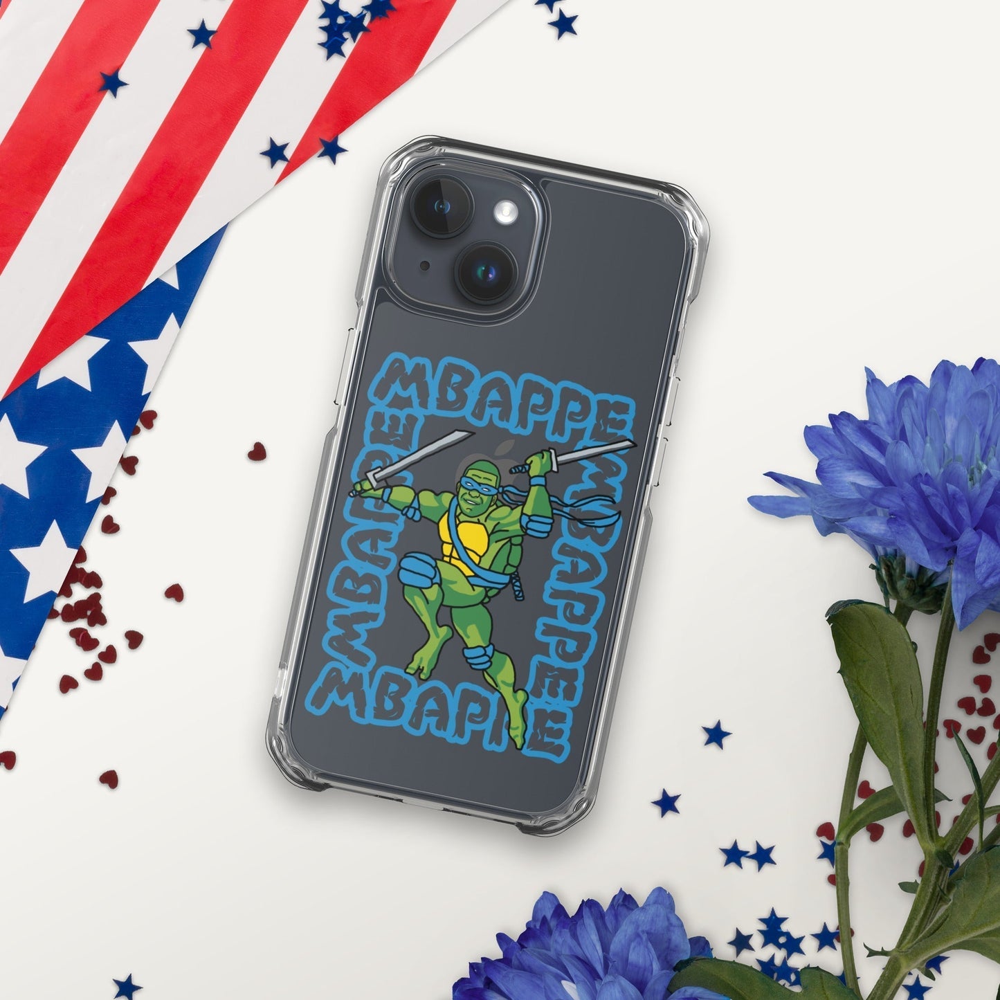 Kylian Mbappe Blue Ninja Turtle Leonardo Clear Case for iPhone® iPhone 15 Mobile Phone Cases Football Kylian Mbappe Ninja Turtles PSG Real Madrid Next Cult Brand