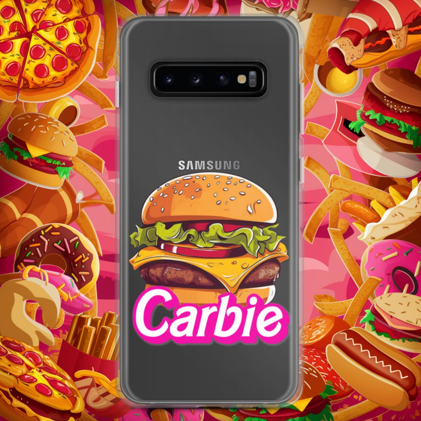 Carbie Barbie Cheeseburger Clear Case for Samsung Samsung Galaxy S10+ Mobile Phone Cases Barbie Burgers Carbie Fast Food Movies Next Cult Brand