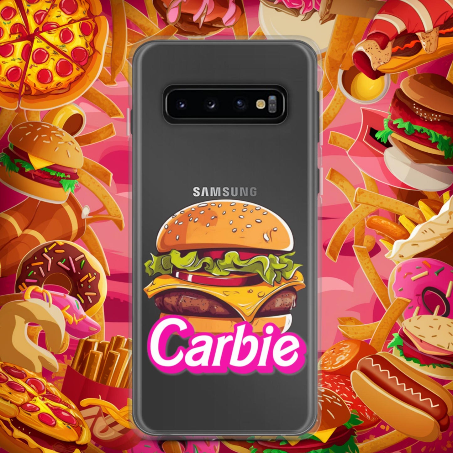 Carbie Barbie Cheeseburger Clear Case for Samsung Samsung Galaxy S10 Mobile Phone Cases Barbie Burgers Carbie Fast Food Movies Next Cult Brand