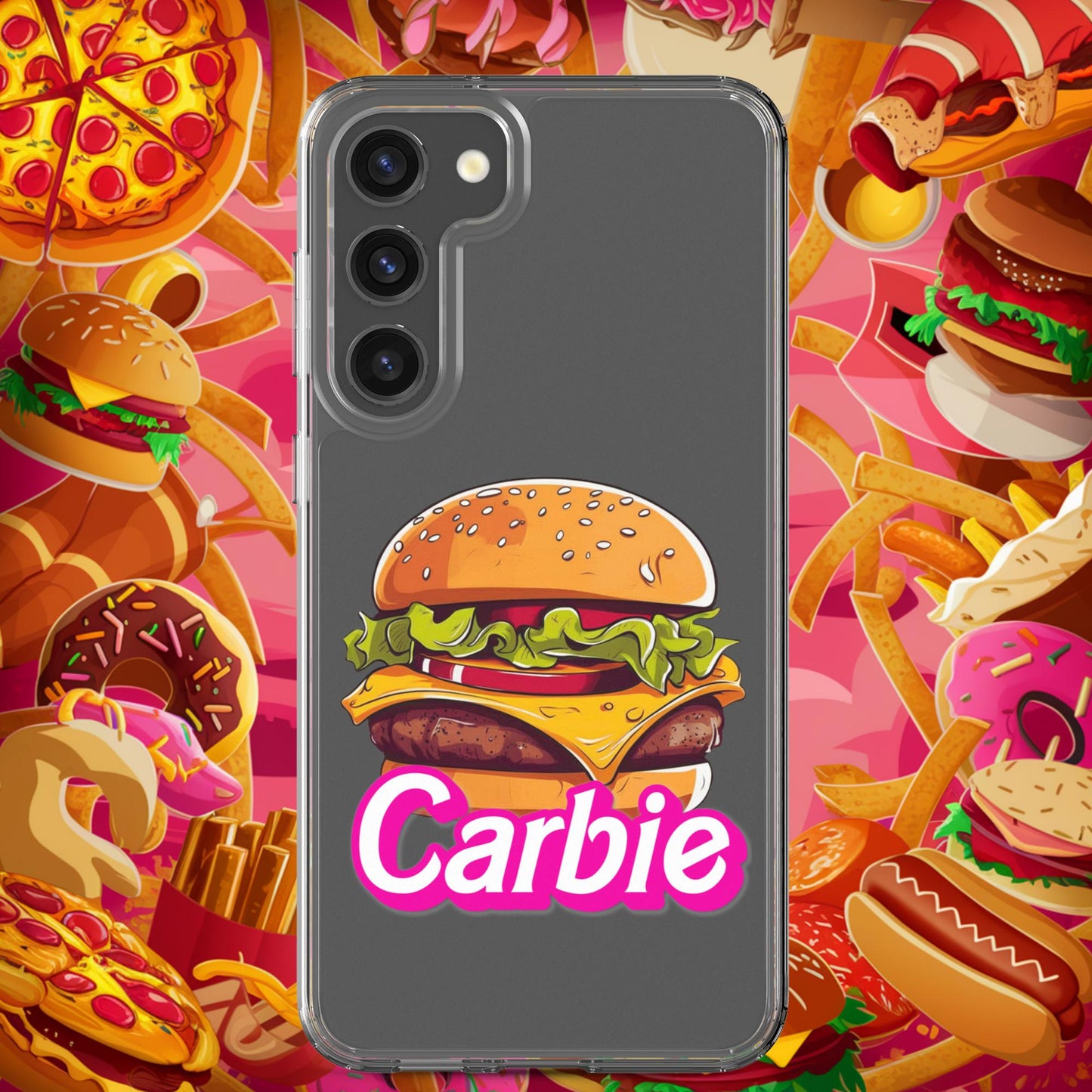 Carbie Barbie Cheeseburger Clear Case for Samsung Samsung Galaxy S23 Plus Mobile Phone Cases Barbie Burgers Carbie Fast Food Movies Next Cult Brand