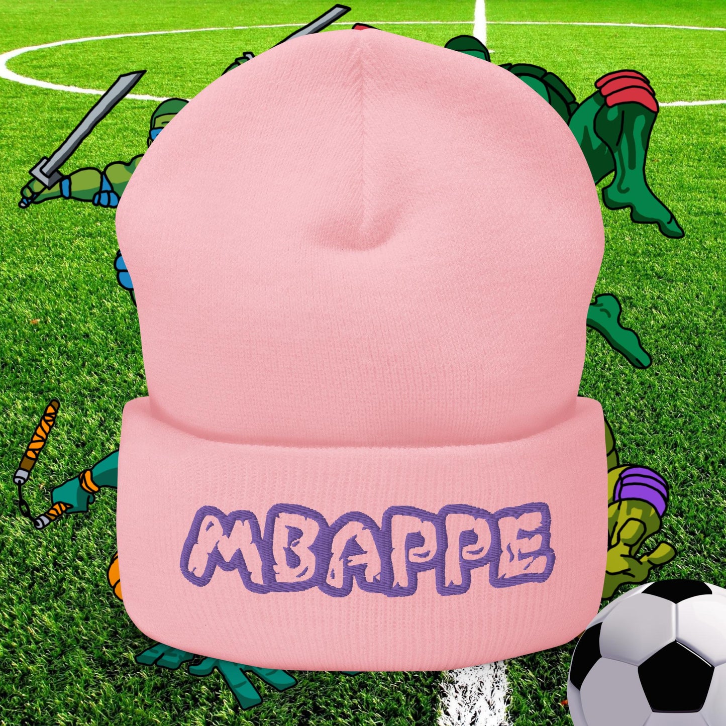 Kylian Mbappe Ninja Turtles Real Madrid Soccer Football Cuffed Beanie Baby Pink Hats Football Kylian Mbappe PSG Real Madrid Next Cult Brand