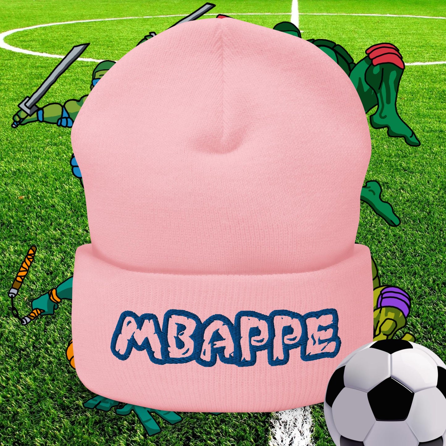 Kylian Mbappe Ninja Turtles Real Madrid Soccer Football Cuffed Beanie Baby Pink Hats Football Kylian Mbappe PSG Real Madrid Next Cult Brand