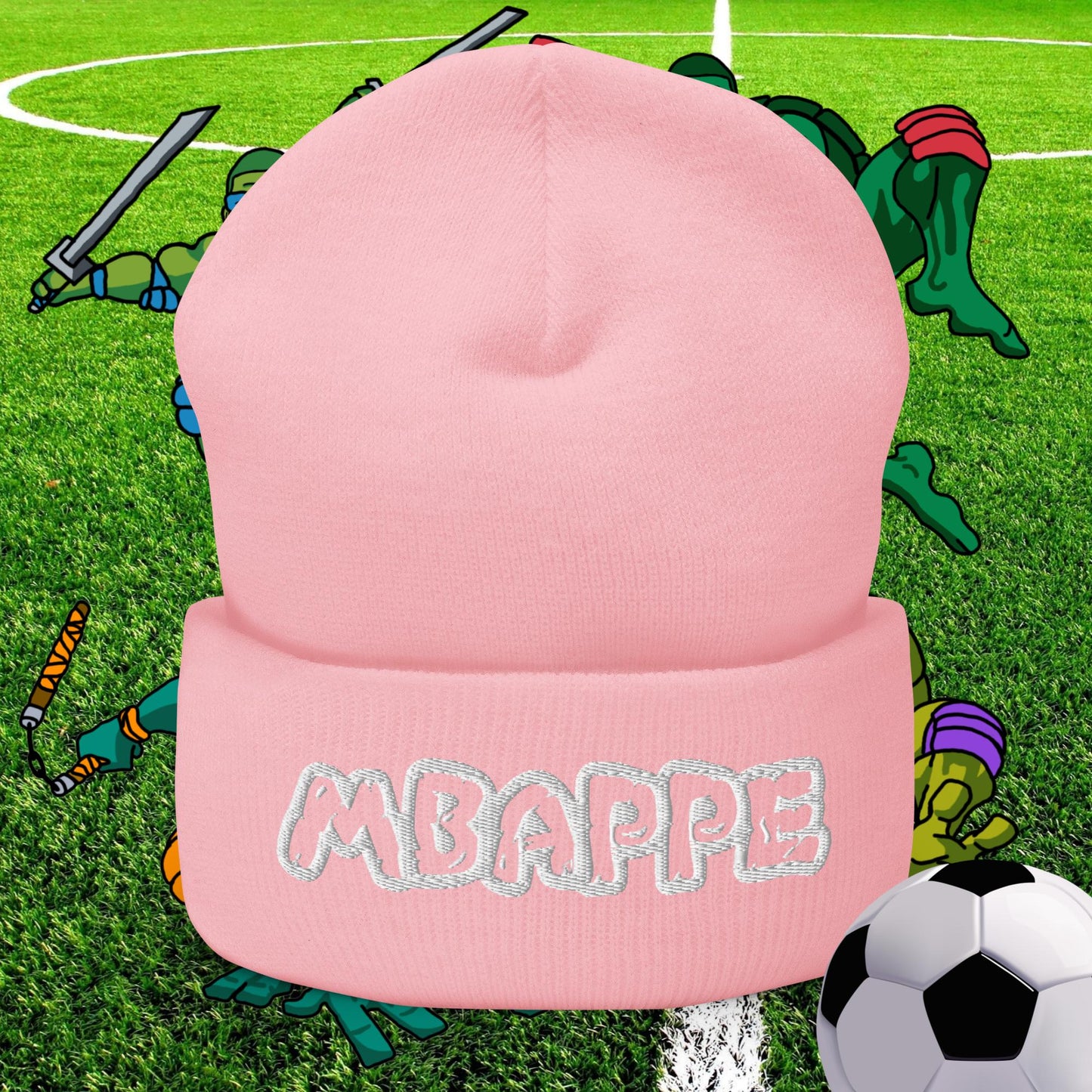 Kylian Mbappe Ninja Turtles Real Madrid Soccer Football Cuffed Beanie Baby Pink Hats Football Kylian Mbappe PSG Real Madrid Next Cult Brand