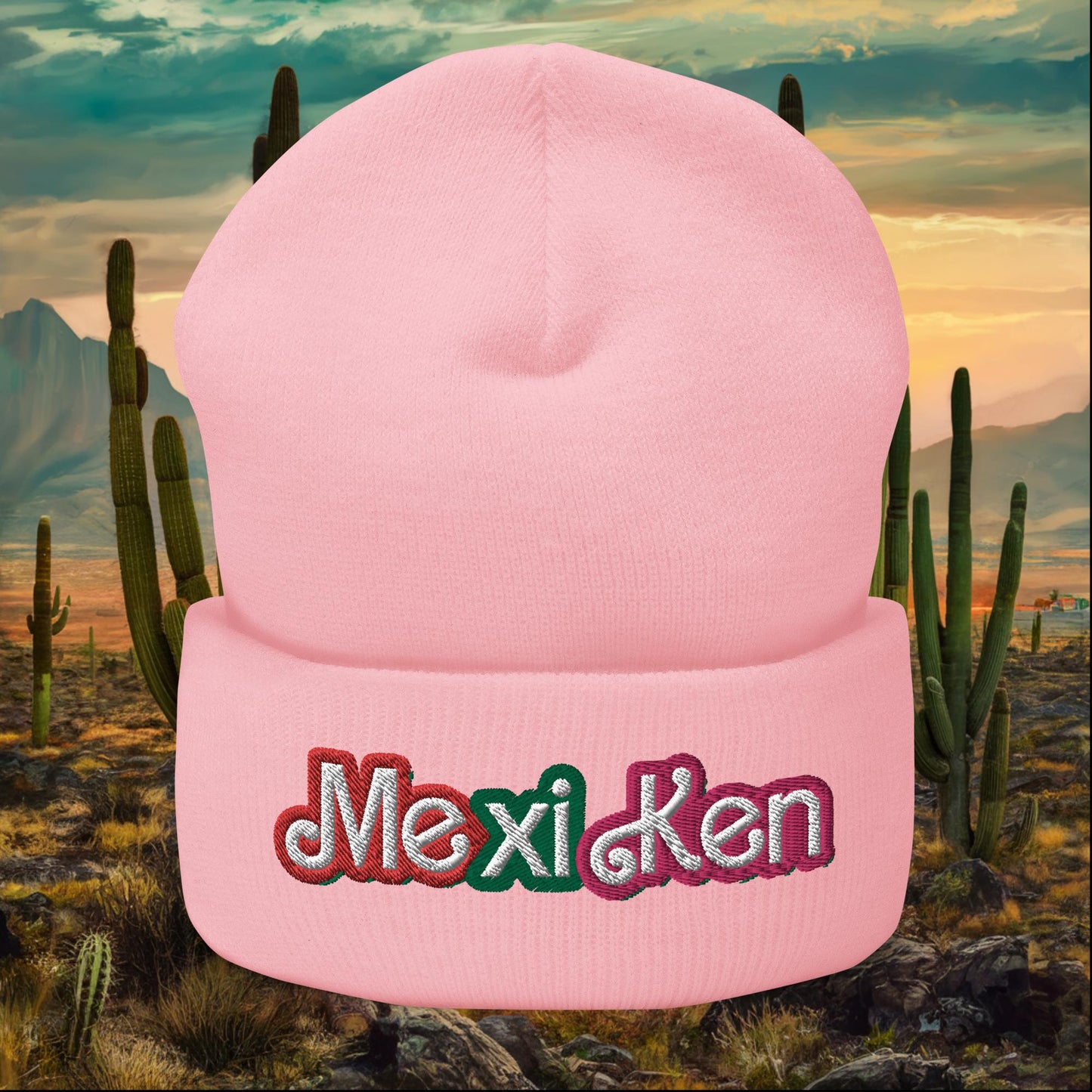 MexiKen Ken Barbie Mexico Mexican Mexicana Latino Latina Latinx Cuffed Beanie Baby Pink Hats Barbie Ken Mexico Movies Next Cult Brand
