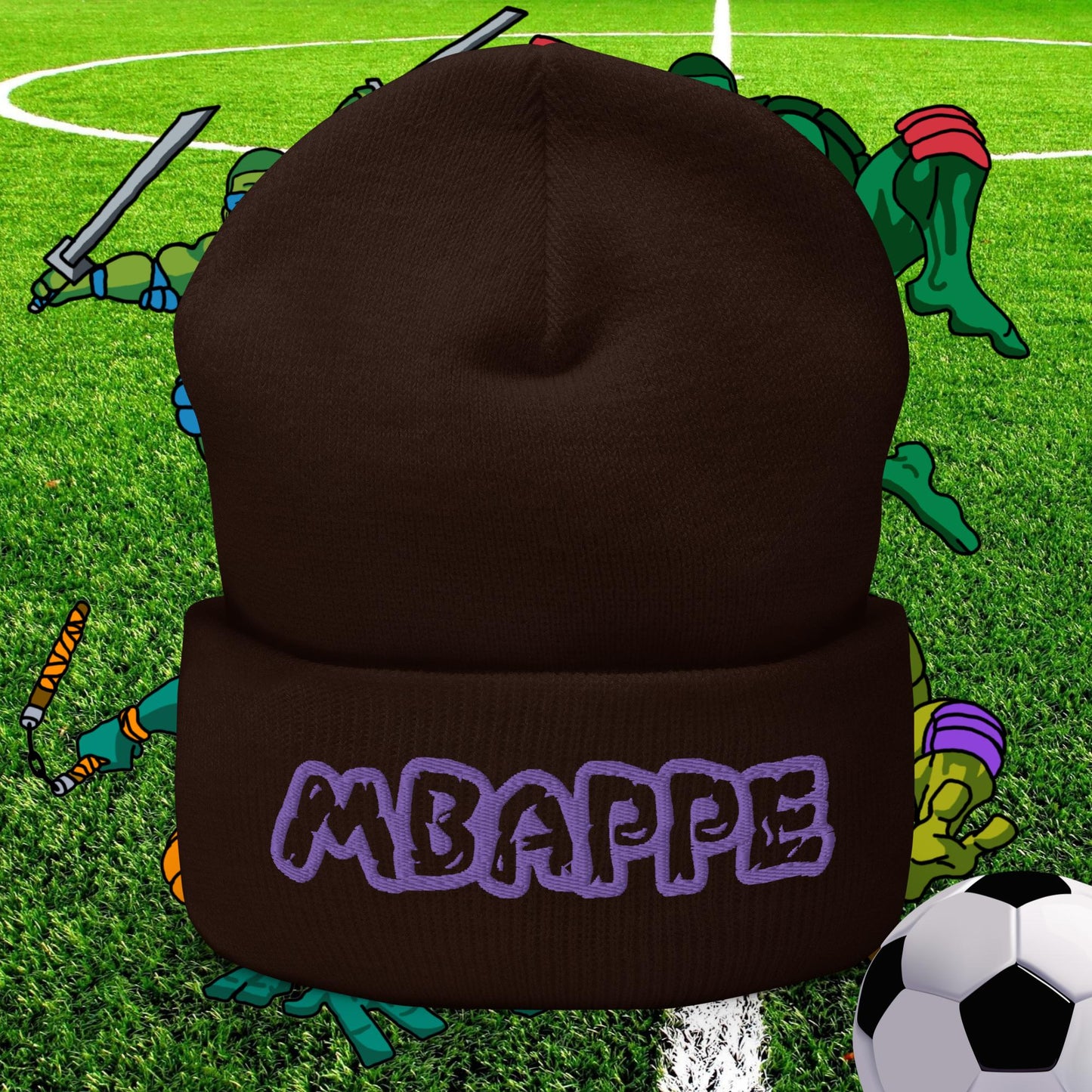 Kylian Mbappe Ninja Turtles Real Madrid Soccer Football Cuffed Beanie Brown Hats Football Kylian Mbappe PSG Real Madrid Next Cult Brand