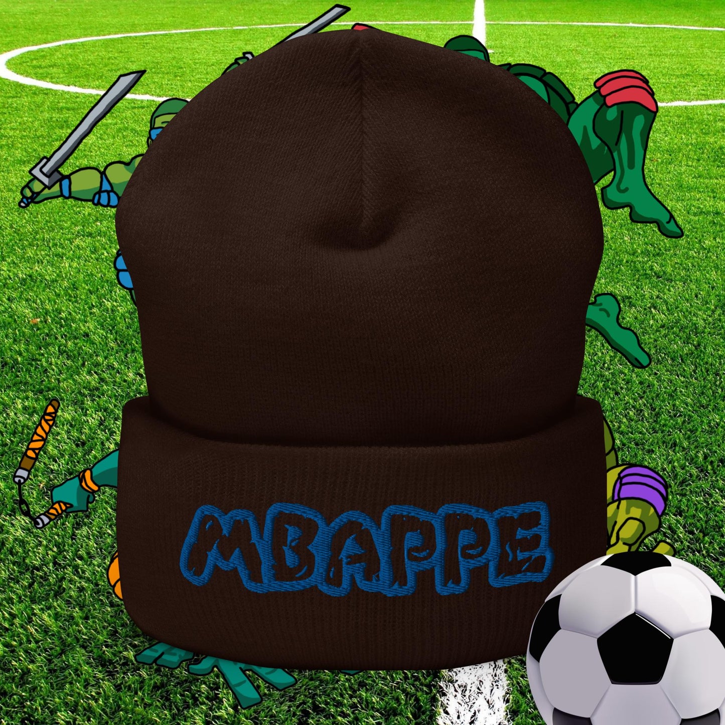 Kylian Mbappe Ninja Turtles Real Madrid Soccer Football Cuffed Beanie Brown Hats Football Kylian Mbappe PSG Real Madrid Next Cult Brand