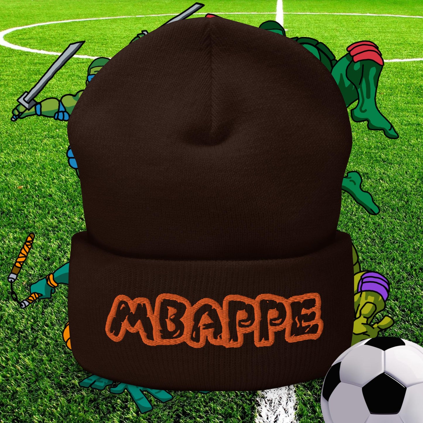 Kylian Mbappe Ninja Turtles Real Madrid Soccer Football Cuffed Beanie Brown Hats Football Kylian Mbappe PSG Real Madrid Next Cult Brand