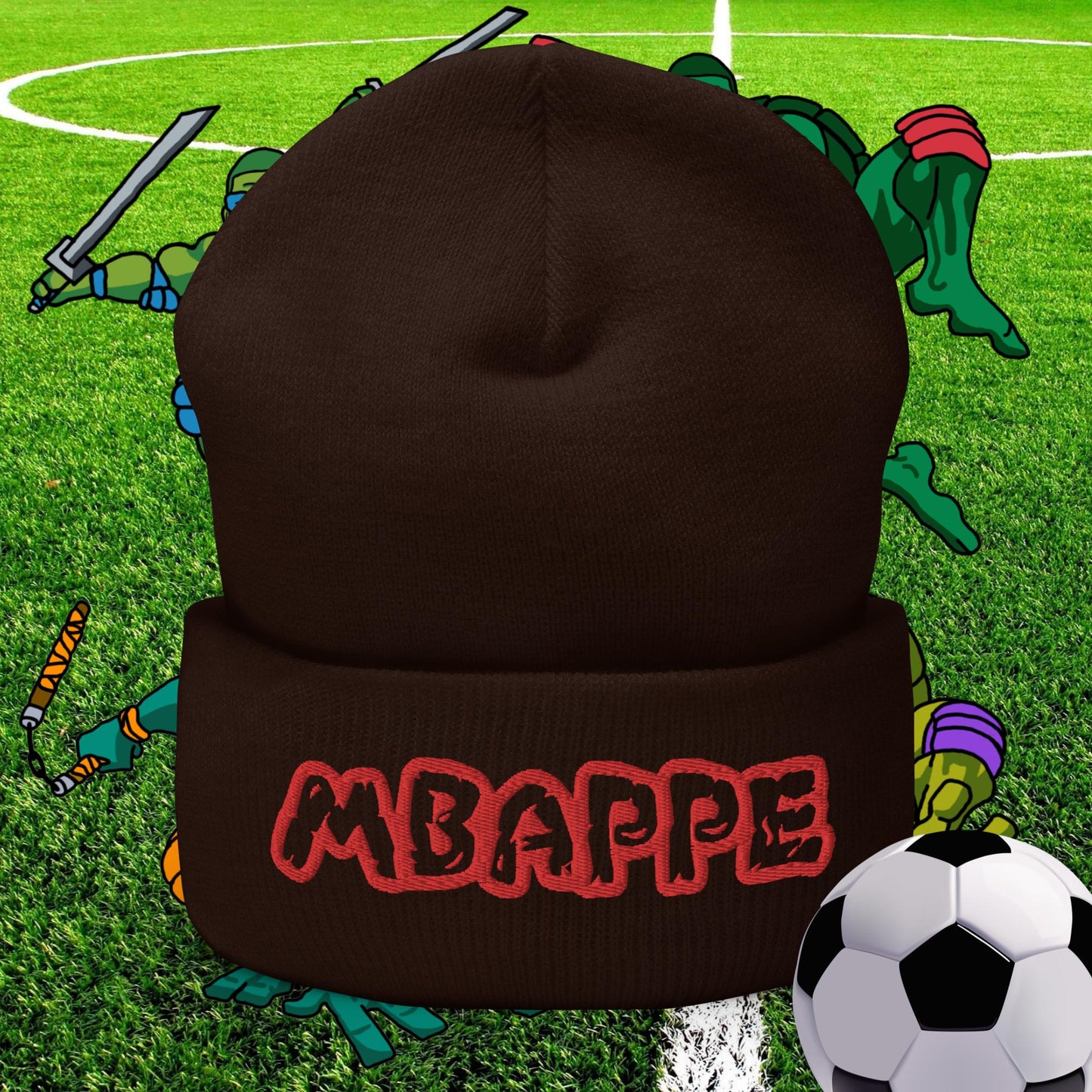 Kylian Mbappe Ninja Turtles Real Madrid Soccer Football Cuffed Beanie Brown Hats Football Kylian Mbappe PSG Real Madrid Next Cult Brand