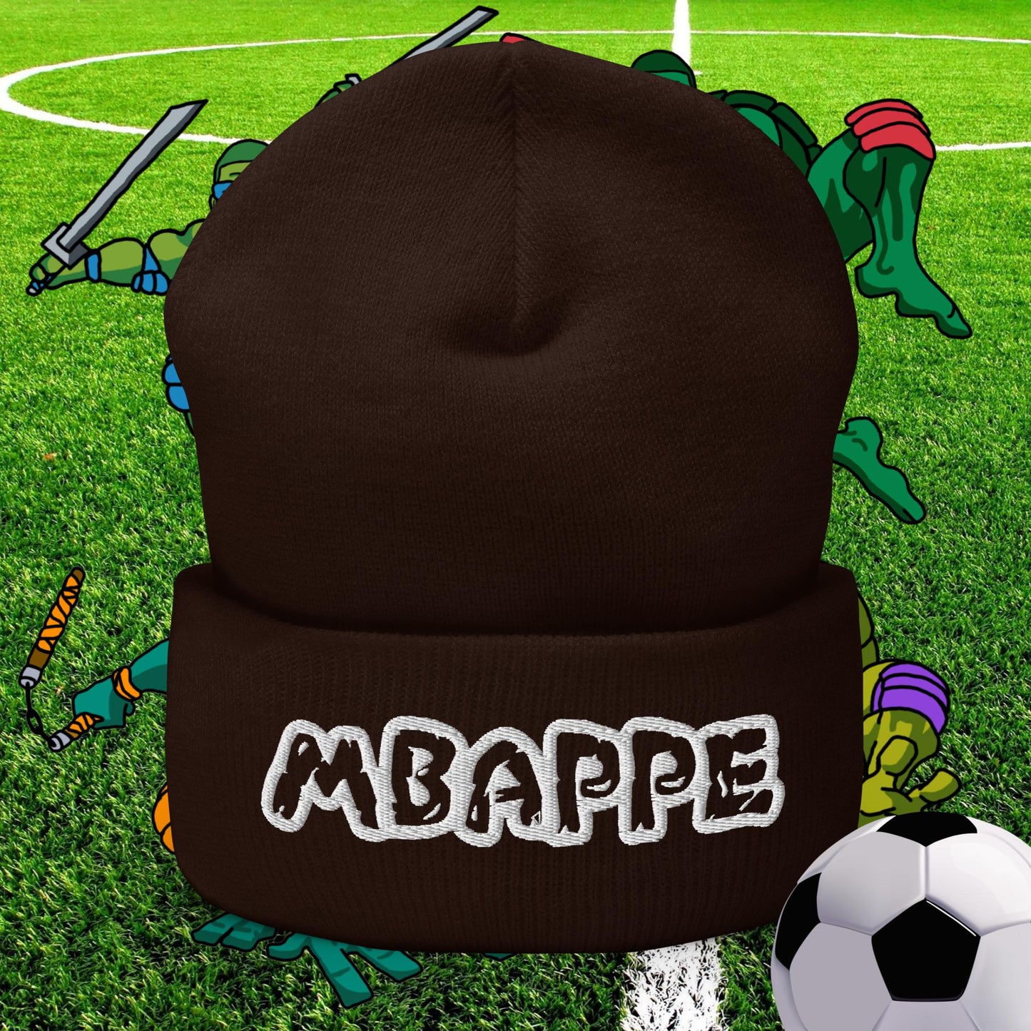 Kylian Mbappe Ninja Turtles Real Madrid Soccer Football Cuffed Beanie Brown Hats Football Kylian Mbappe PSG Real Madrid Next Cult Brand