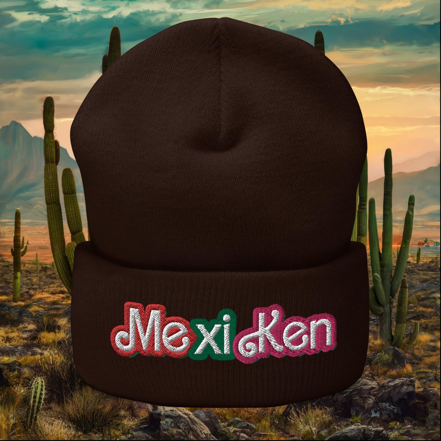 MexiKen Ken Barbie Mexico Mexican Mexicana Latino Latina Latinx Cuffed Beanie Brown Hats Barbie Ken Mexico Movies Next Cult Brand