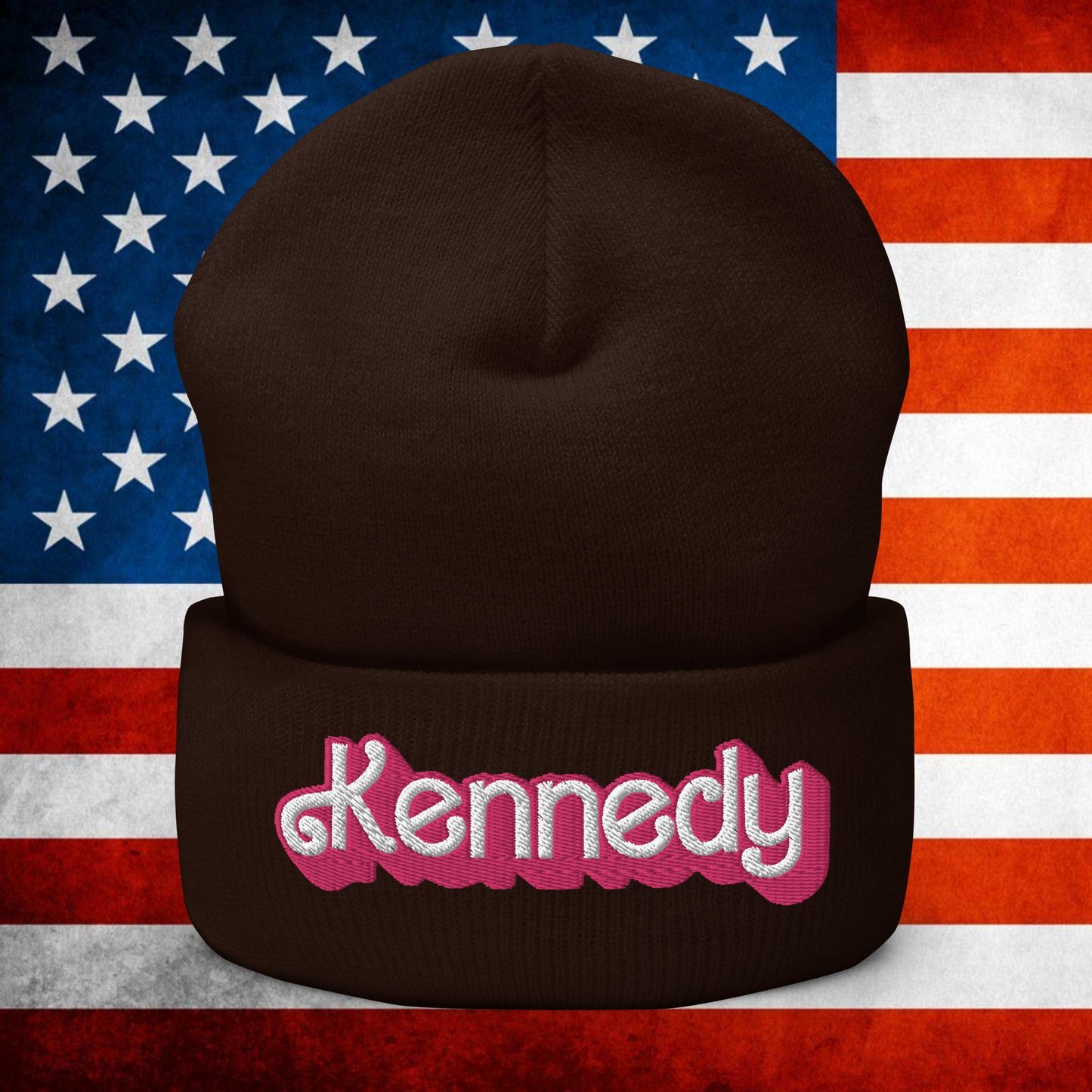Kennedy JFK Conspiracy Ken Barbie Cuffed Beanie Brown Hats Barbie Democrats JFK Ken Politics Next Cult Brand