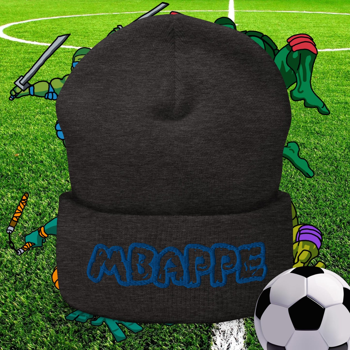 Kylian Mbappe Ninja Turtles Real Madrid Soccer Football Cuffed Beanie Dark Grey Hats Football Kylian Mbappe PSG Real Madrid Next Cult Brand