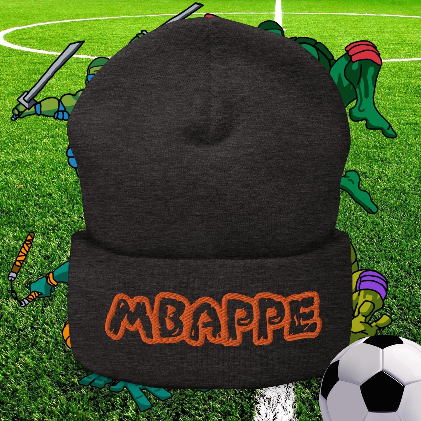 Kylian Mbappe Ninja Turtles Real Madrid Soccer Football Cuffed Beanie Dark Grey Hats Football Kylian Mbappe PSG Real Madrid Next Cult Brand
