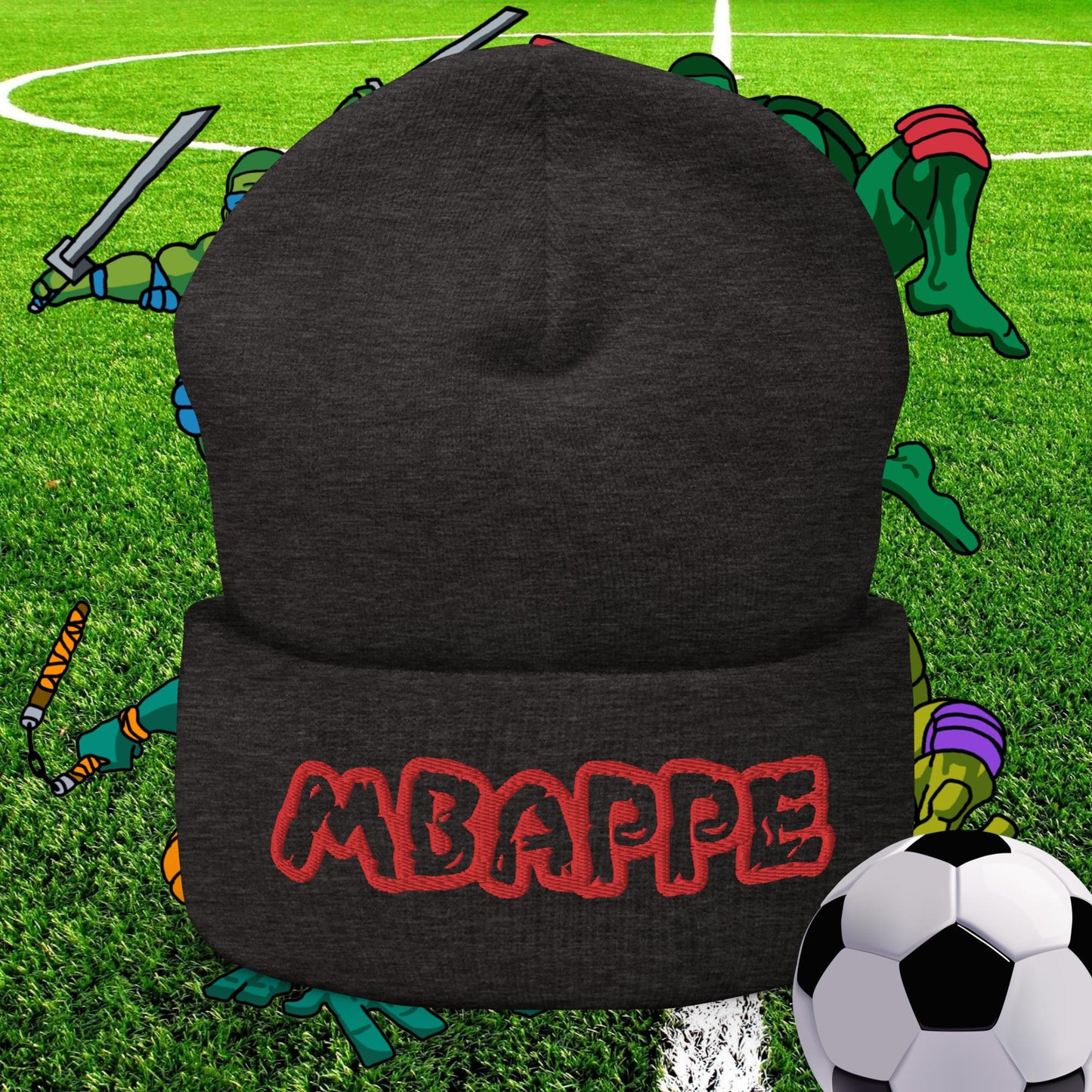 Kylian Mbappe Ninja Turtles Real Madrid Soccer Football Cuffed Beanie Dark Grey Hats Football Kylian Mbappe PSG Real Madrid Next Cult Brand