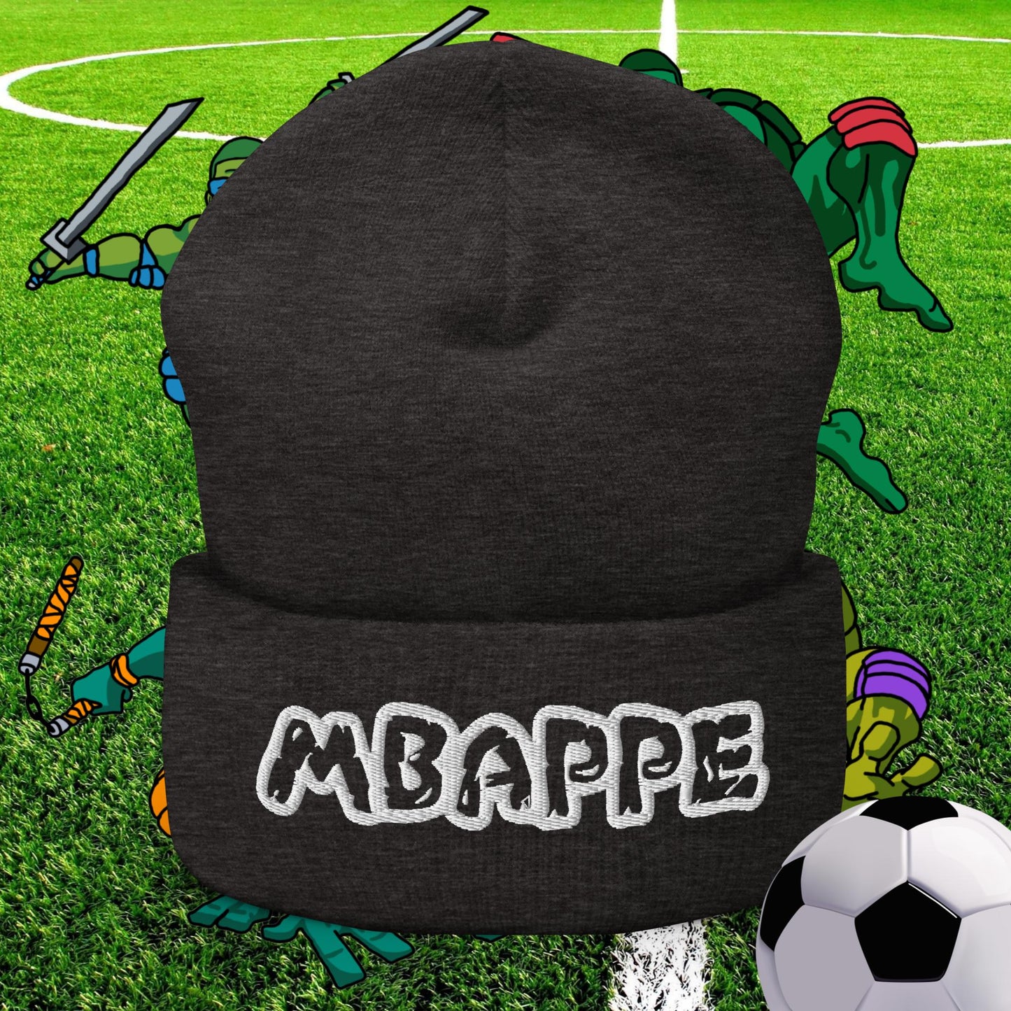 Kylian Mbappe Ninja Turtles Real Madrid Soccer Football Cuffed Beanie Dark Grey Hats Football Kylian Mbappe PSG Real Madrid Next Cult Brand