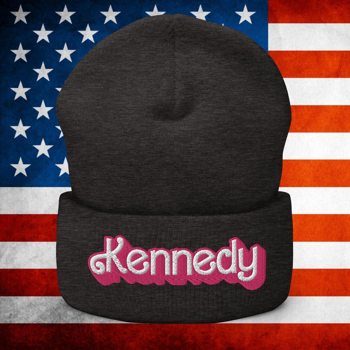 Kennedy JFK Conspiracy Ken Barbie Cuffed Beanie Dark Grey Hats Barbie Democrats JFK Ken Politics Next Cult Brand