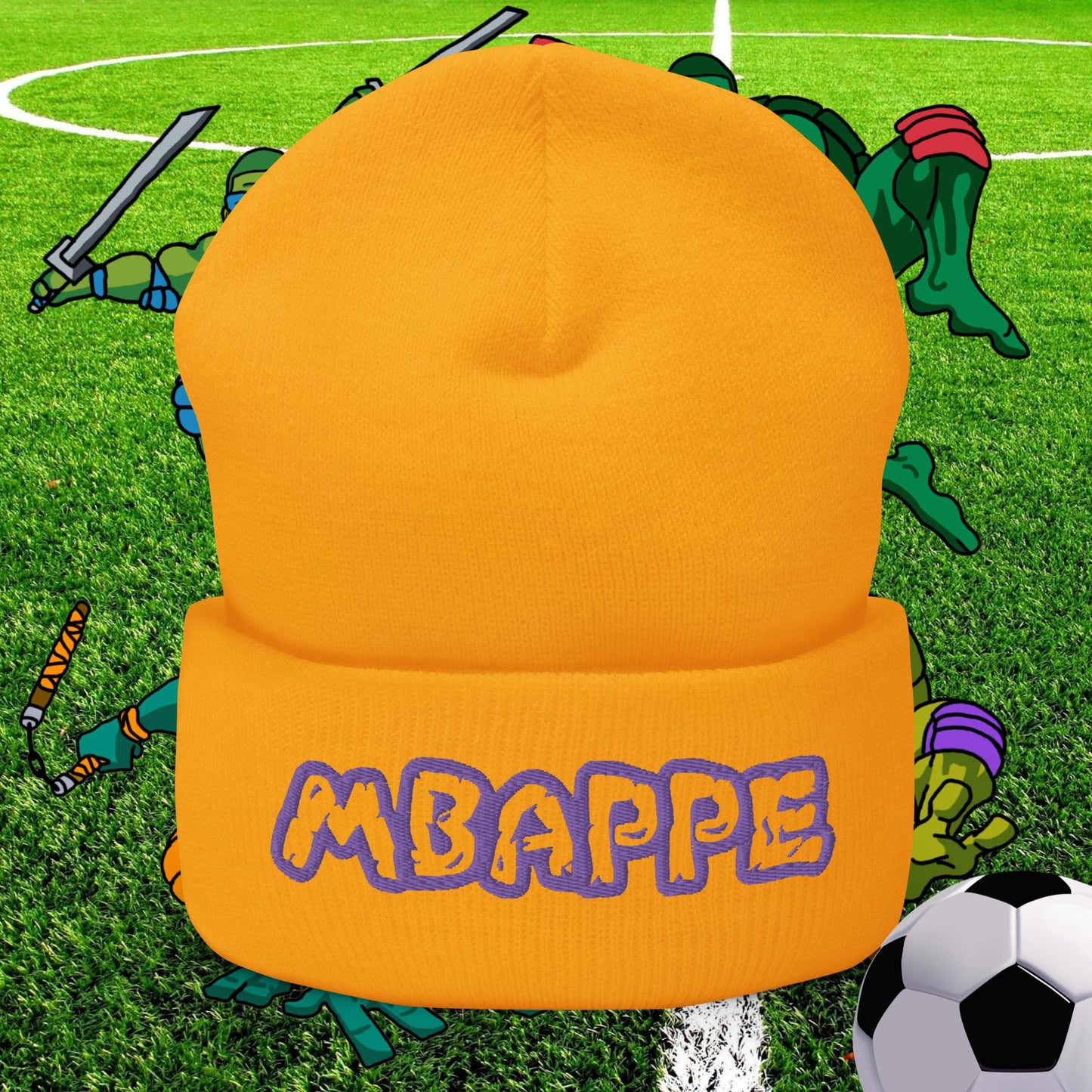 Kylian Mbappe Ninja Turtles Real Madrid Soccer Football Cuffed Beanie Gold Hats Football Kylian Mbappe PSG Real Madrid Next Cult Brand