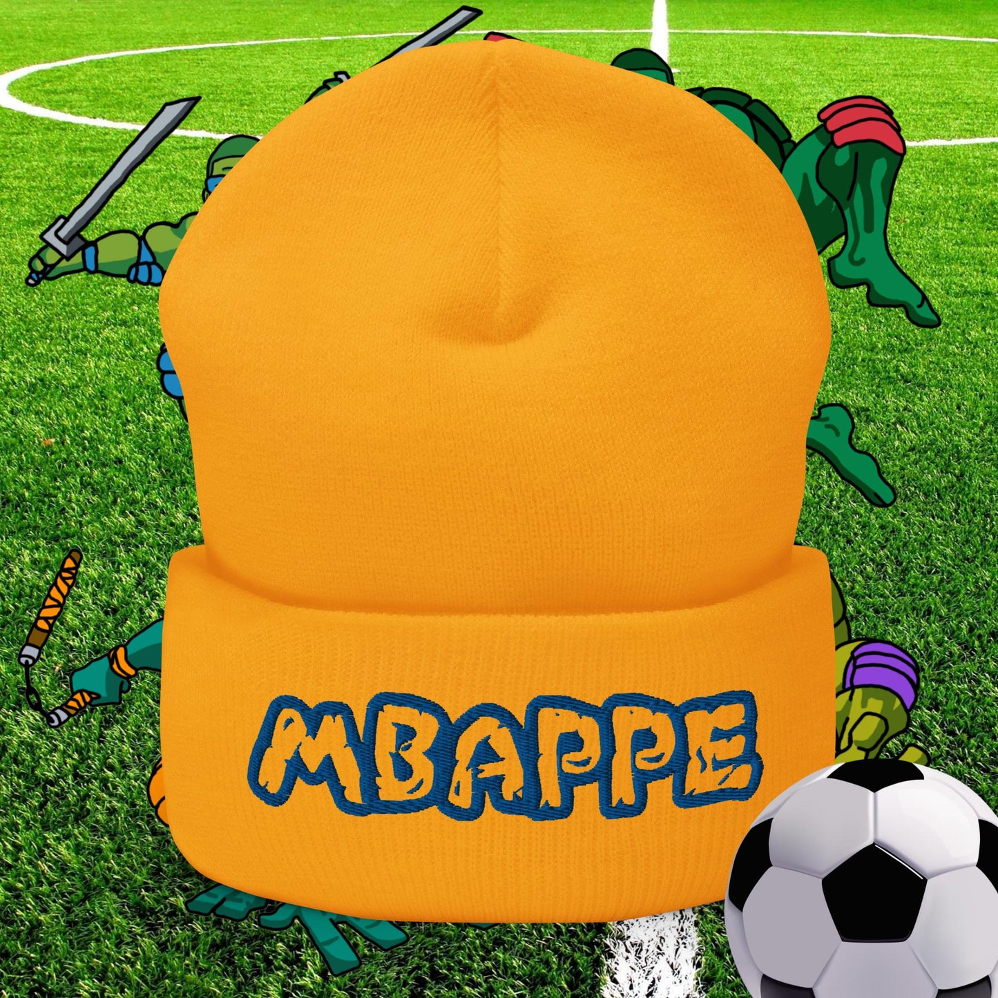Kylian Mbappe Ninja Turtles Real Madrid Soccer Football Cuffed Beanie Gold Hats Football Kylian Mbappe PSG Real Madrid Next Cult Brand
