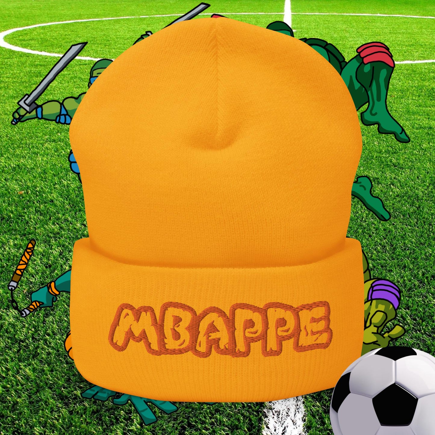 Kylian Mbappe Ninja Turtles Real Madrid Soccer Football Cuffed Beanie Gold Hats Football Kylian Mbappe PSG Real Madrid Next Cult Brand