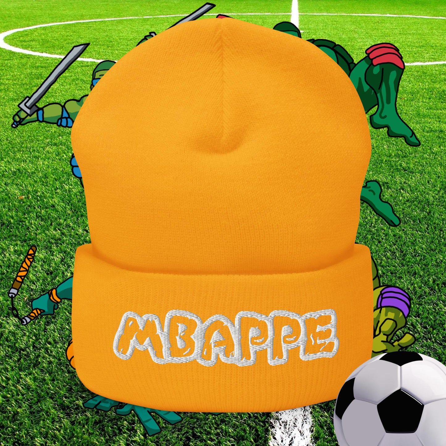 Kylian Mbappe Ninja Turtles Real Madrid Soccer Football Cuffed Beanie Gold Hats Football Kylian Mbappe PSG Real Madrid Next Cult Brand