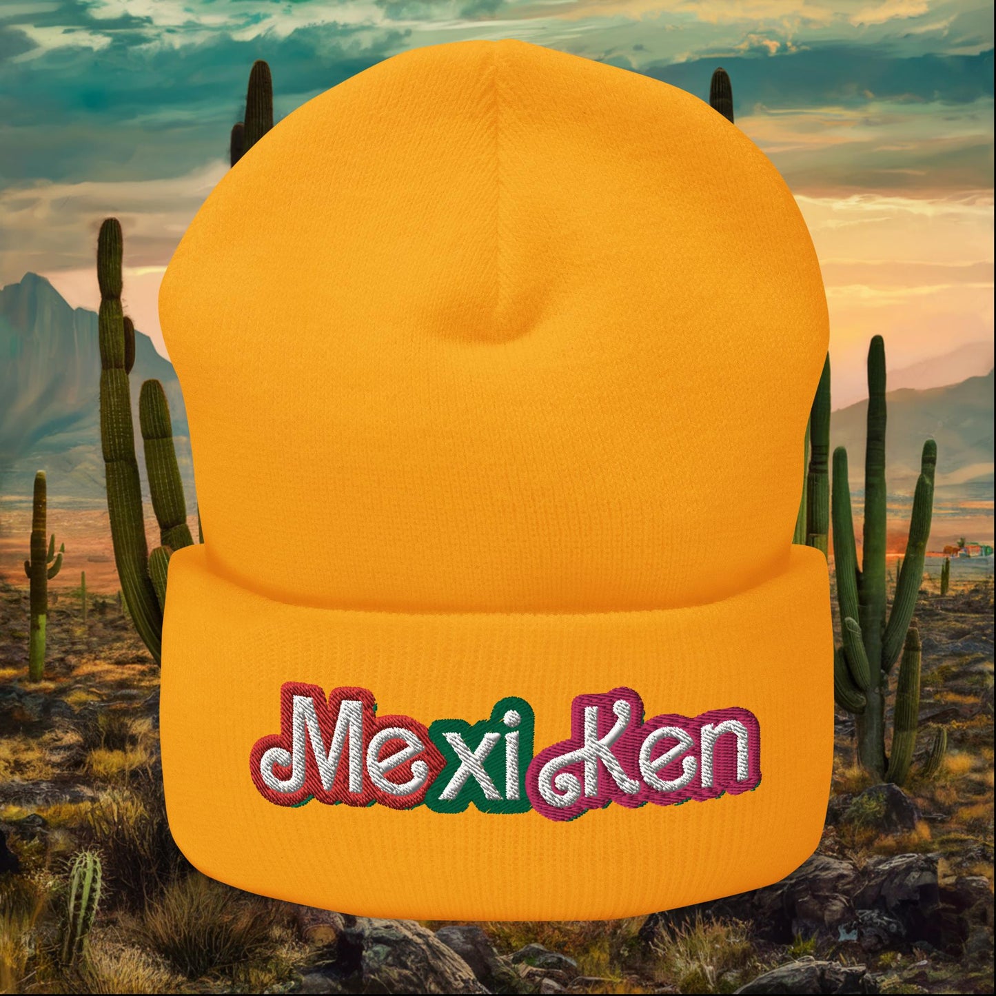 MexiKen Ken Barbie Mexico Mexican Mexicana Latino Latina Latinx Cuffed Beanie Gold Hats Barbie Ken Mexico Movies Next Cult Brand