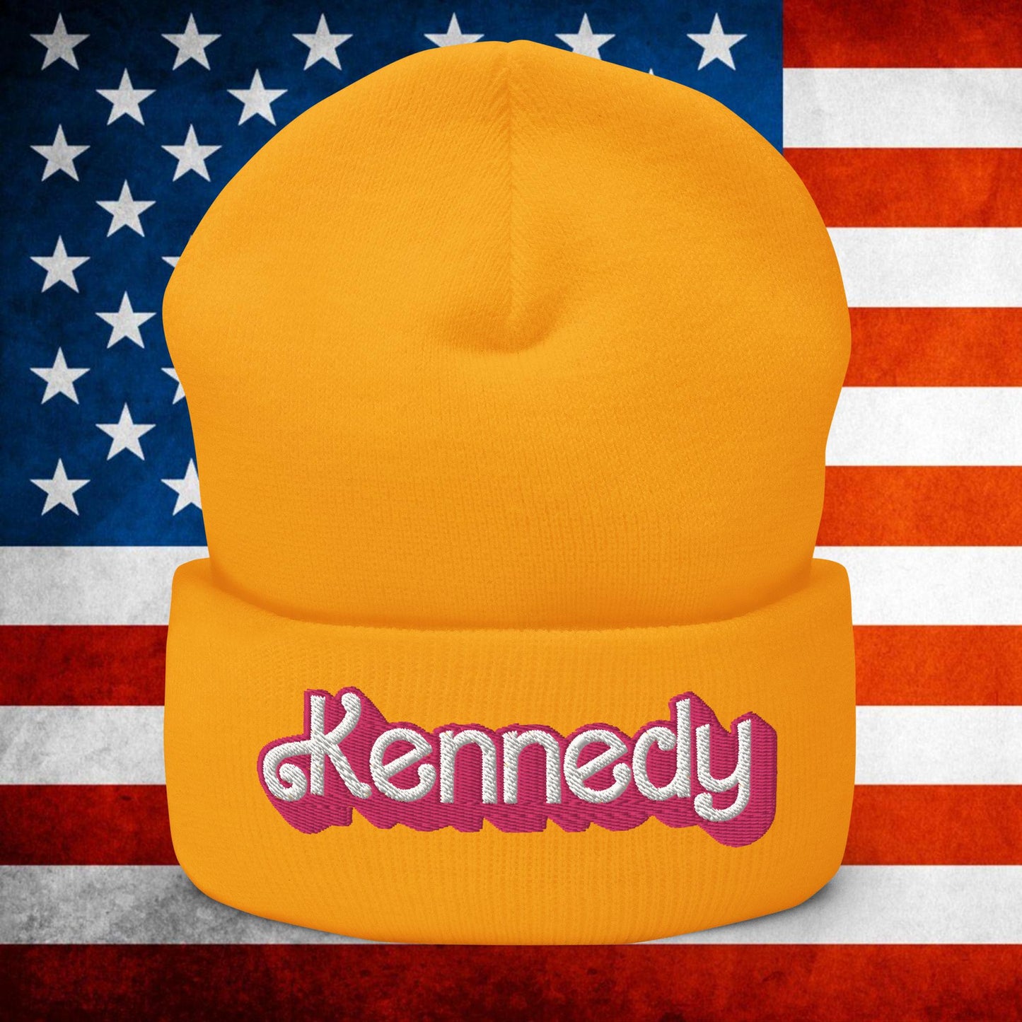 Kennedy JFK Conspiracy Ken Barbie Cuffed Beanie Gold Hats Barbie Democrats JFK Ken Politics Next Cult Brand