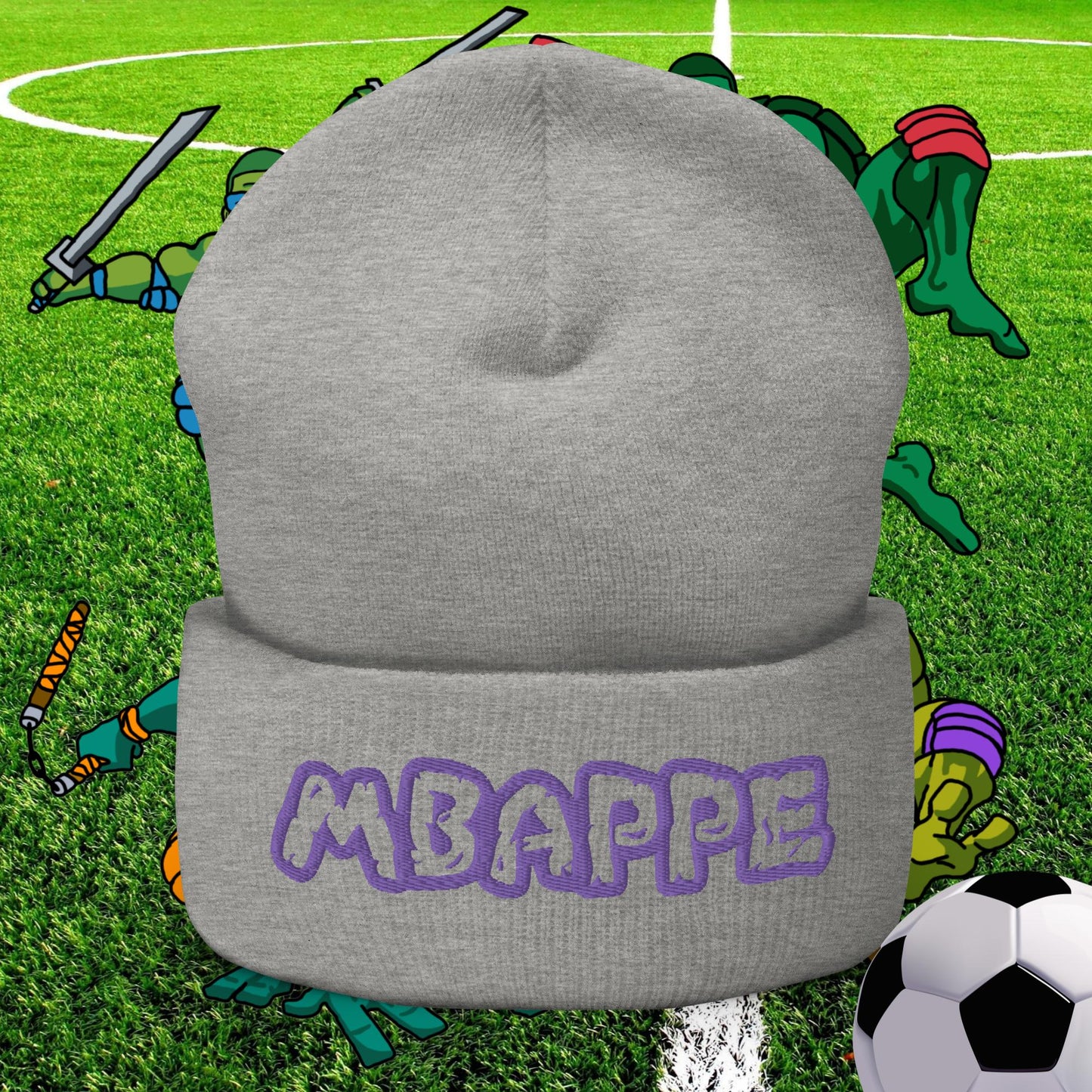 Kylian Mbappe Ninja Turtles Real Madrid Soccer Football Cuffed Beanie Heather Grey Hats Football Kylian Mbappe PSG Real Madrid Next Cult Brand