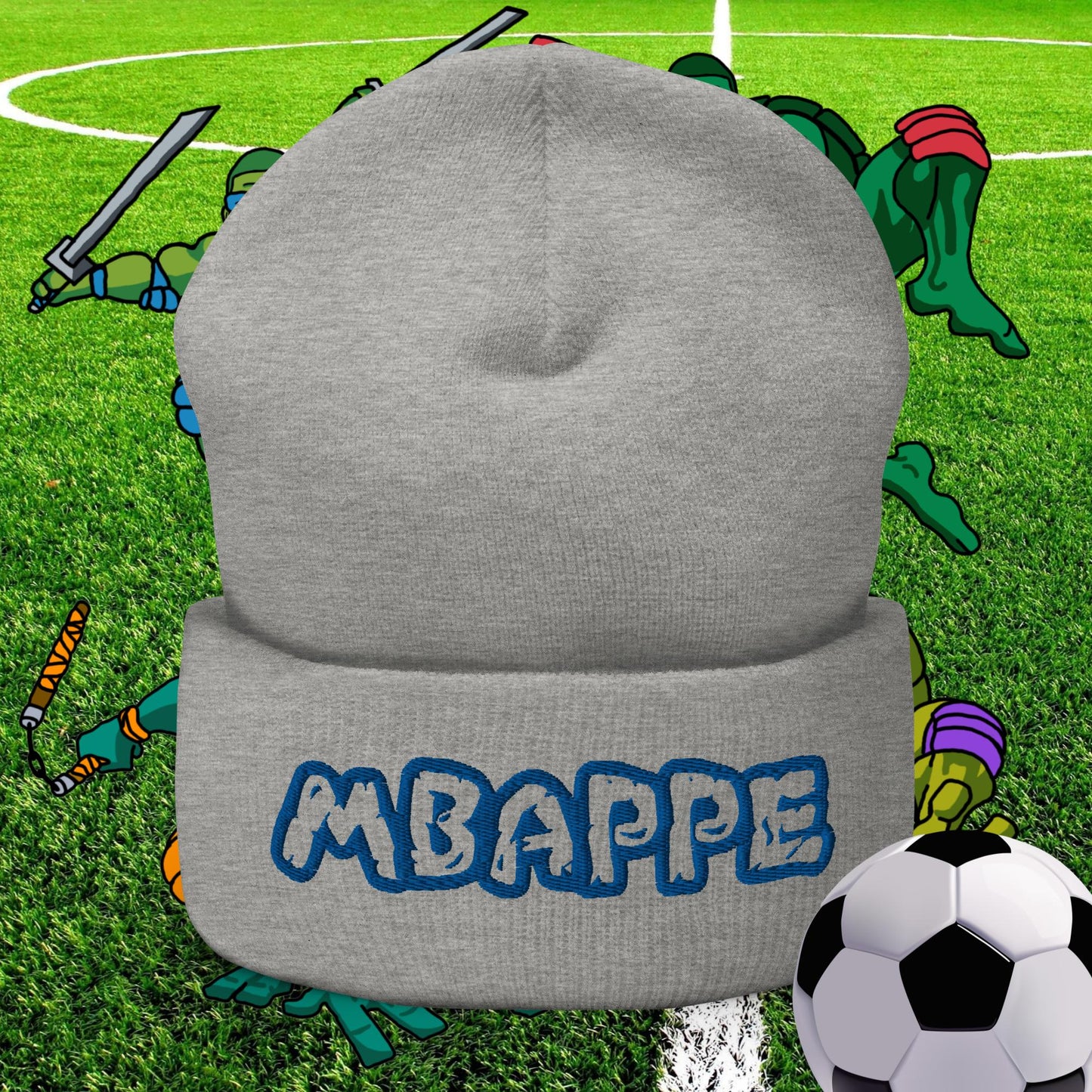 Kylian Mbappe Ninja Turtles Real Madrid Soccer Football Cuffed Beanie Heather Grey Hats Football Kylian Mbappe PSG Real Madrid Next Cult Brand