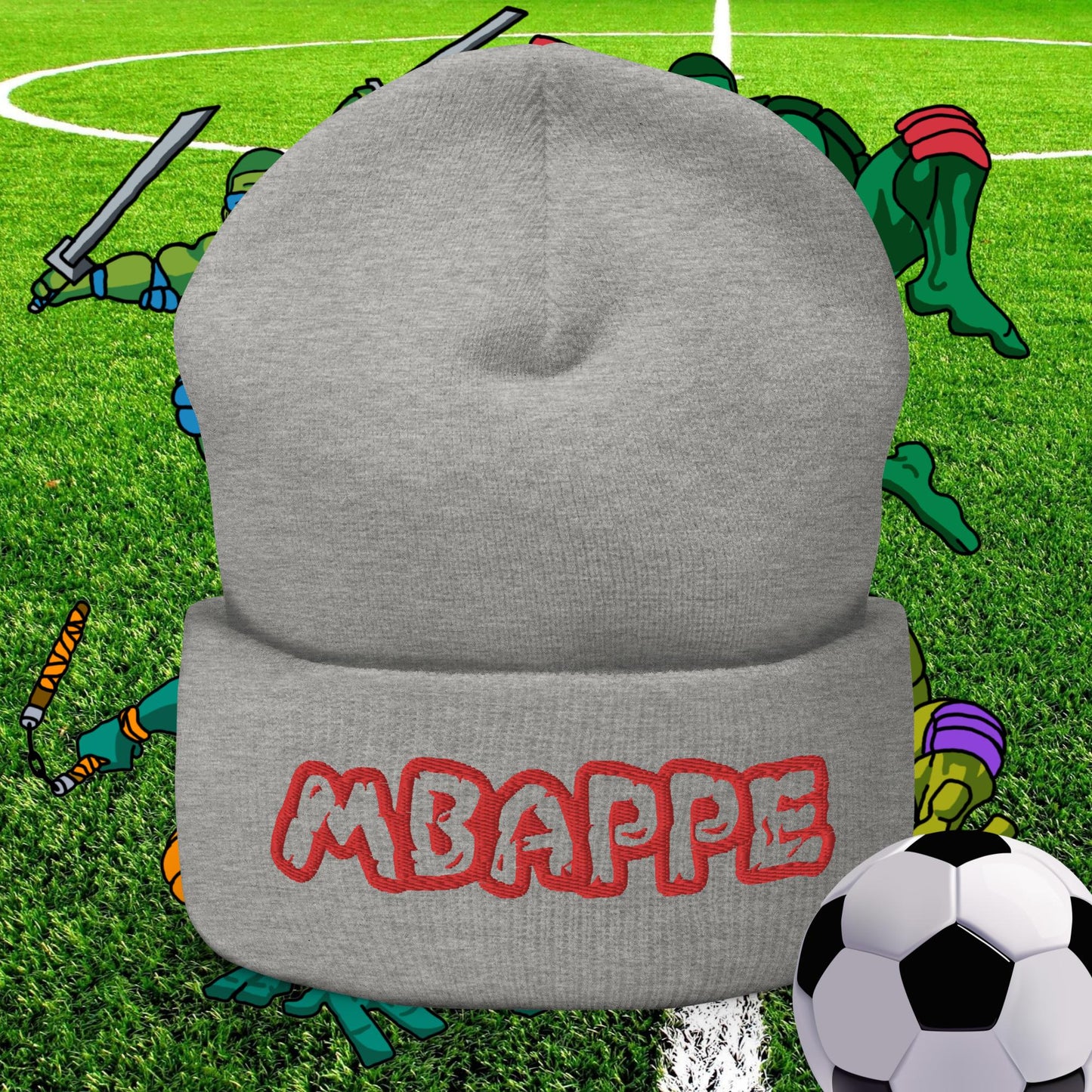 Kylian Mbappe Ninja Turtles Real Madrid Soccer Football Cuffed Beanie Heather Grey Hats Football Kylian Mbappe PSG Real Madrid Next Cult Brand