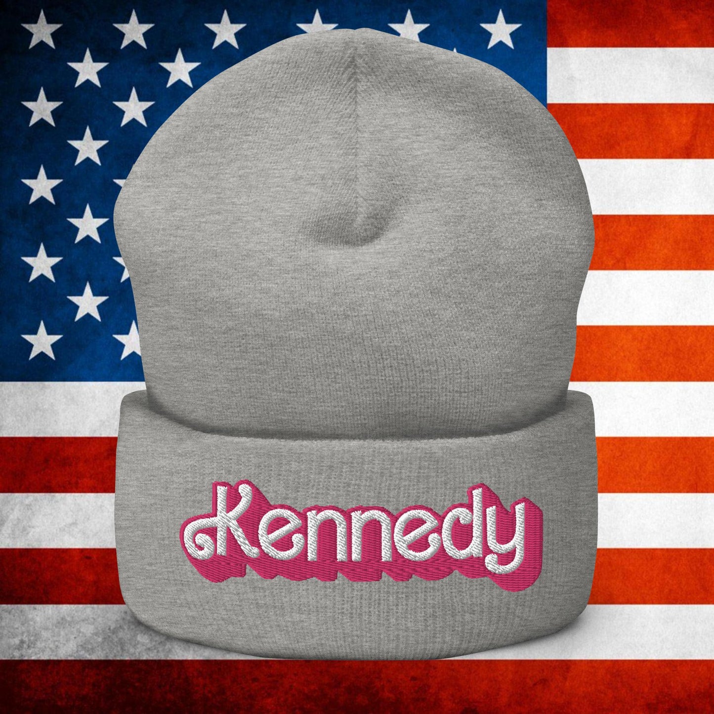 Kennedy JFK Conspiracy Ken Barbie Cuffed Beanie Heather Grey Hats Barbie Democrats JFK Ken Politics Next Cult Brand