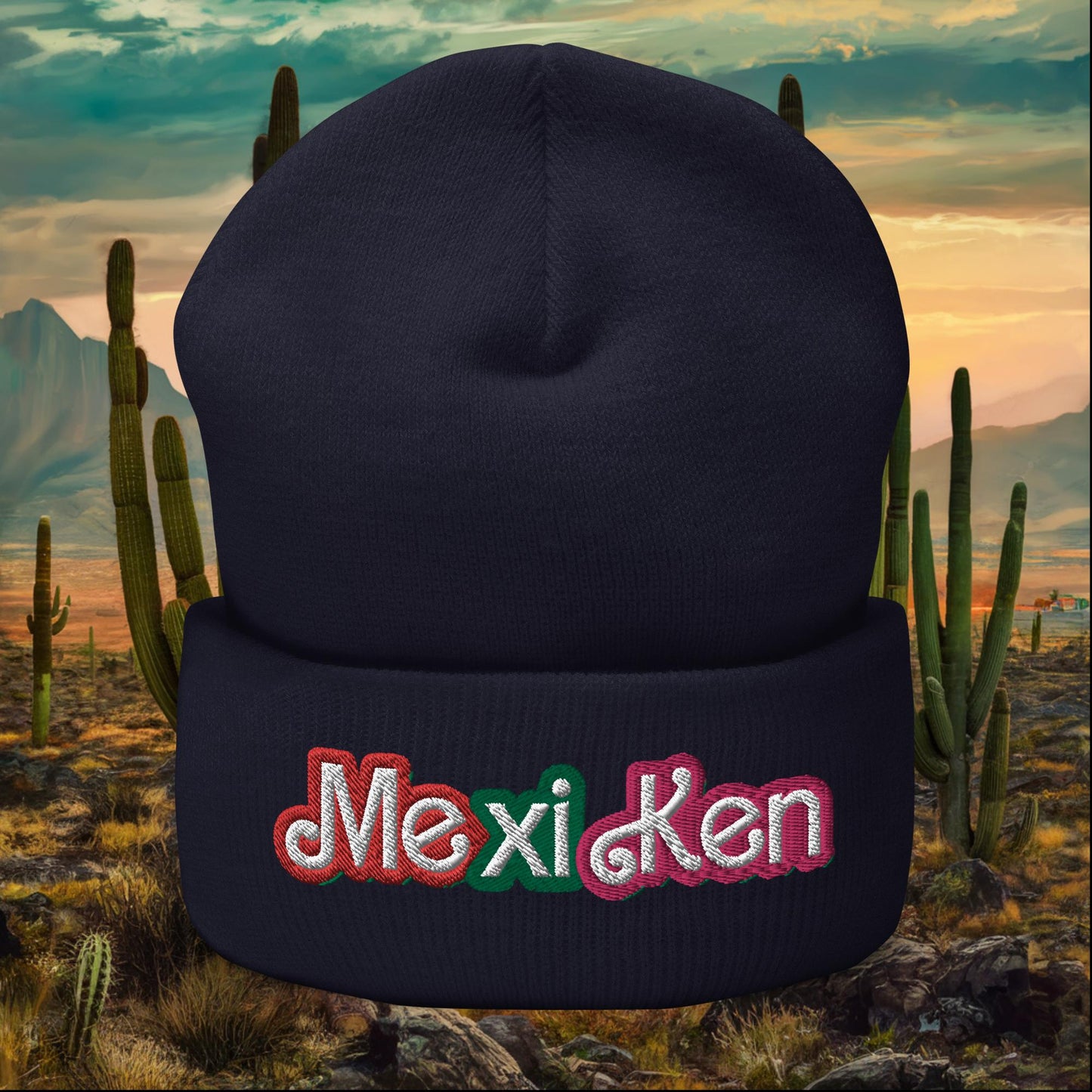 MexiKen Ken Barbie Mexico Mexican Mexicana Latino Latina Latinx Cuffed Beanie Navy Hats Barbie Ken Mexico Movies Next Cult Brand