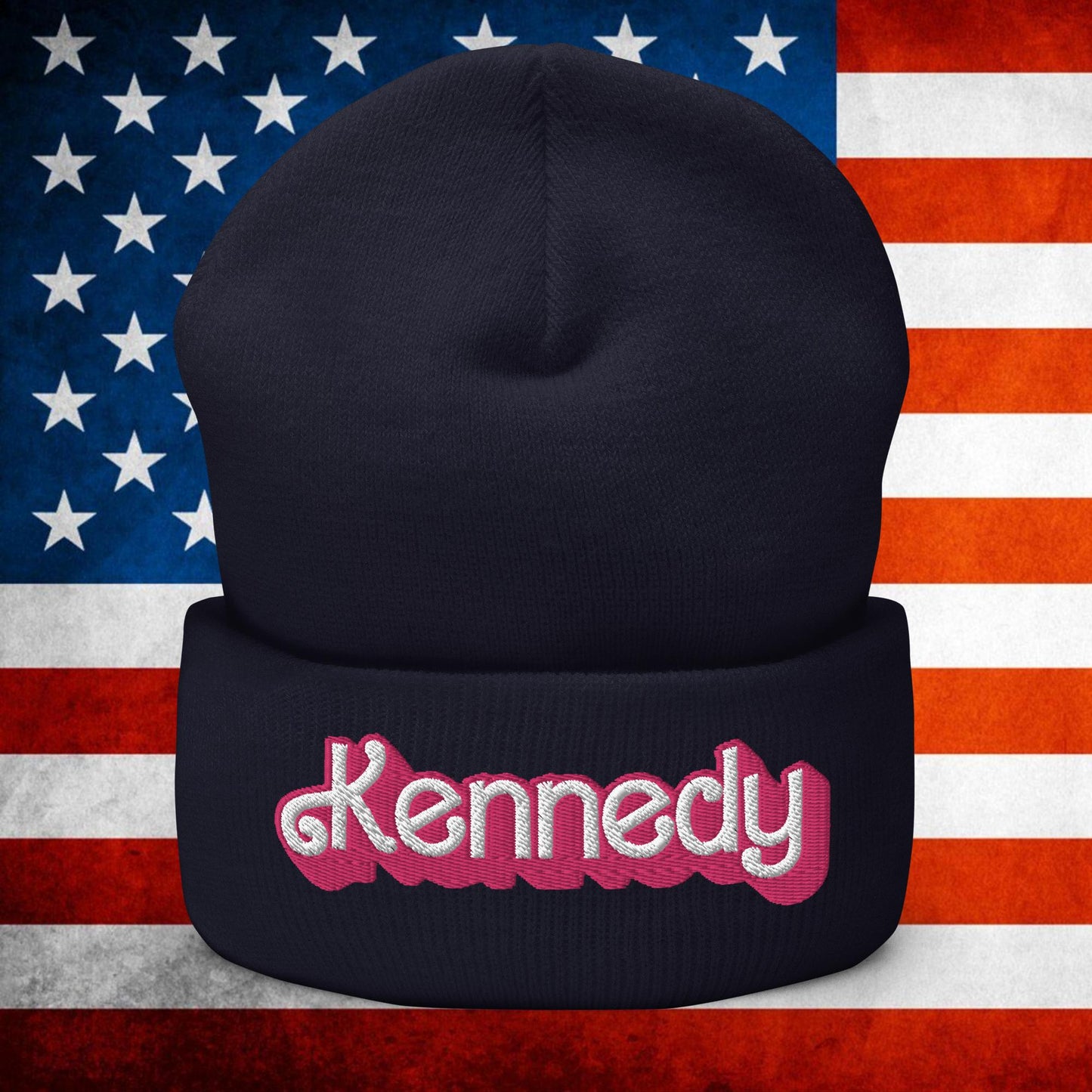 Kennedy JFK Conspiracy Ken Barbie Cuffed Beanie Navy Hats Barbie Democrats JFK Ken Politics Next Cult Brand