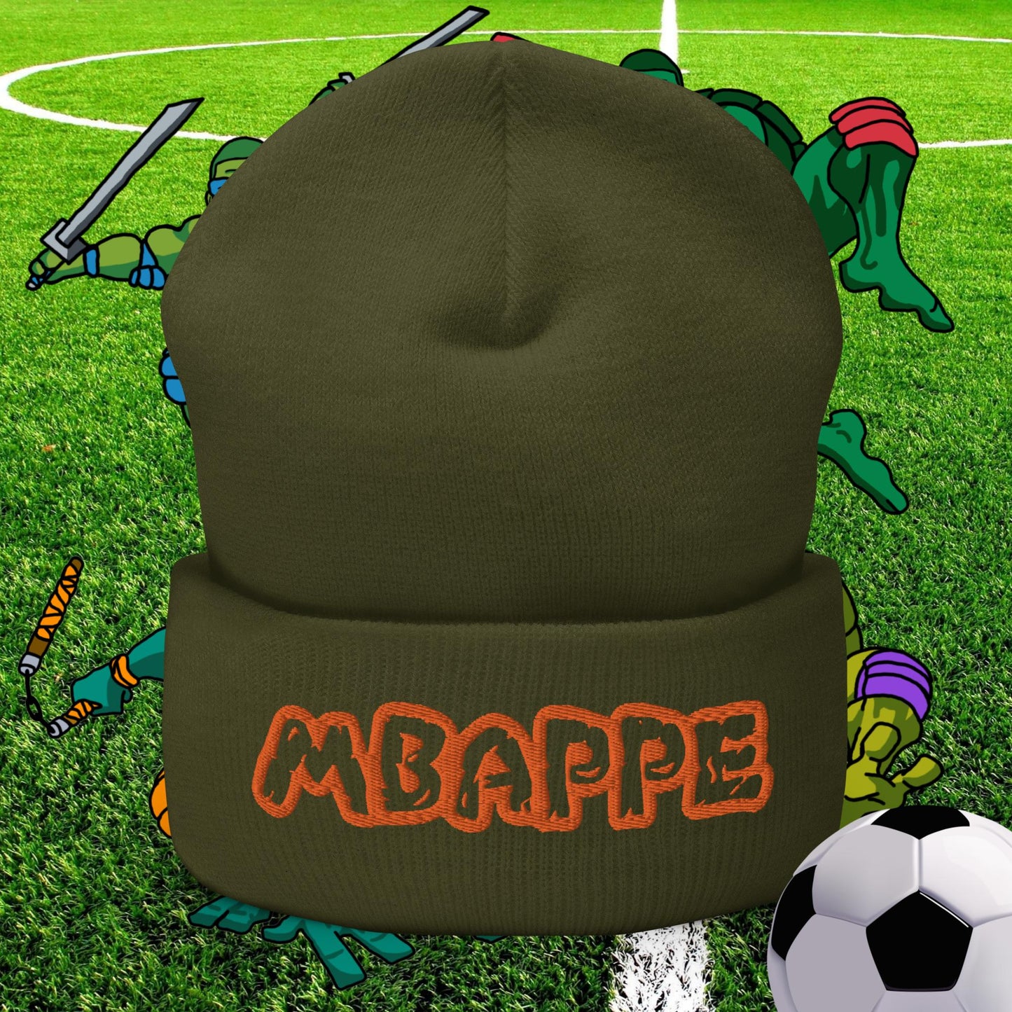Kylian Mbappe Ninja Turtles Real Madrid Soccer Football Cuffed Beanie Olive Hats Football Kylian Mbappe PSG Real Madrid Next Cult Brand
