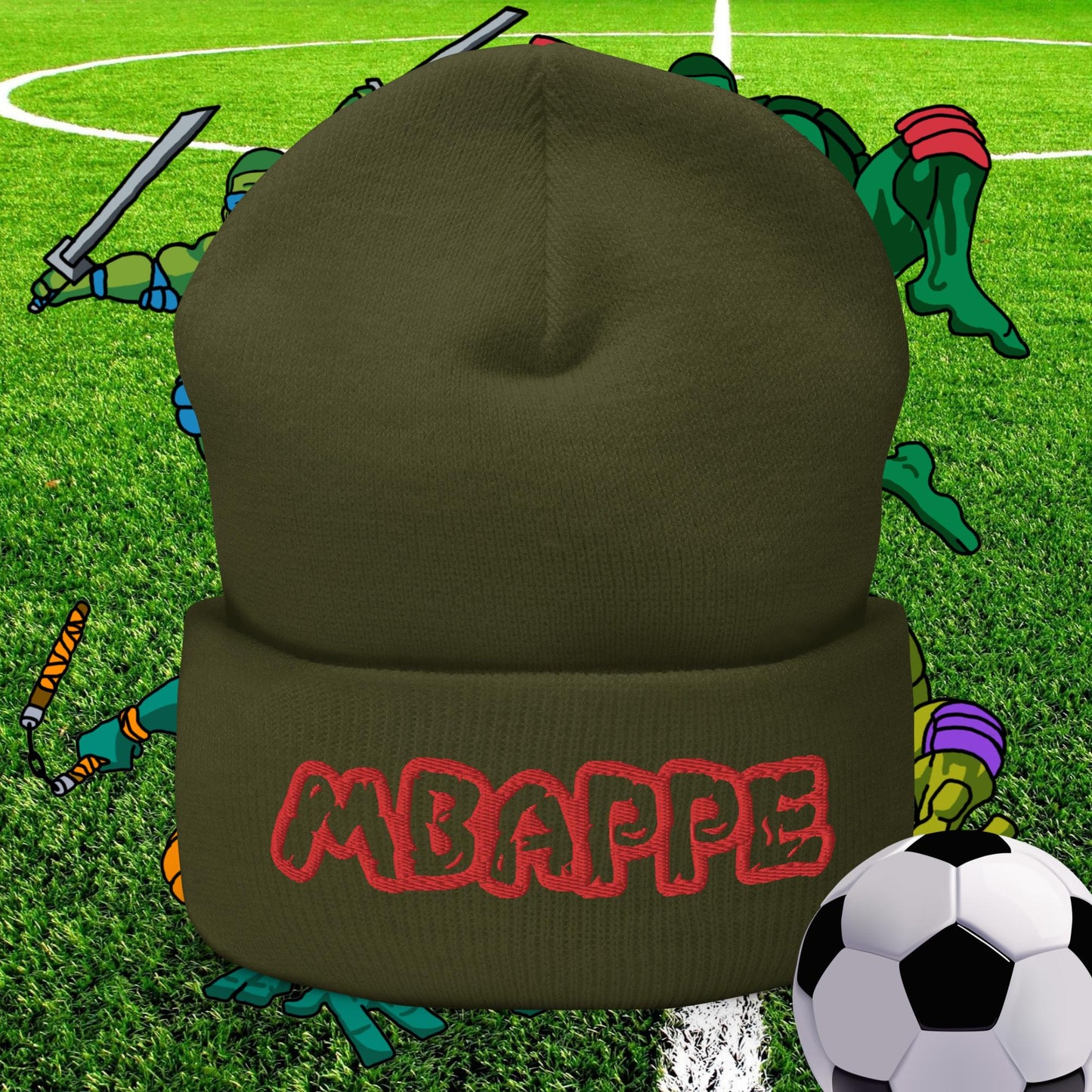 Kylian Mbappe Ninja Turtles Real Madrid Soccer Football Cuffed Beanie Olive Hats Football Kylian Mbappe PSG Real Madrid Next Cult Brand