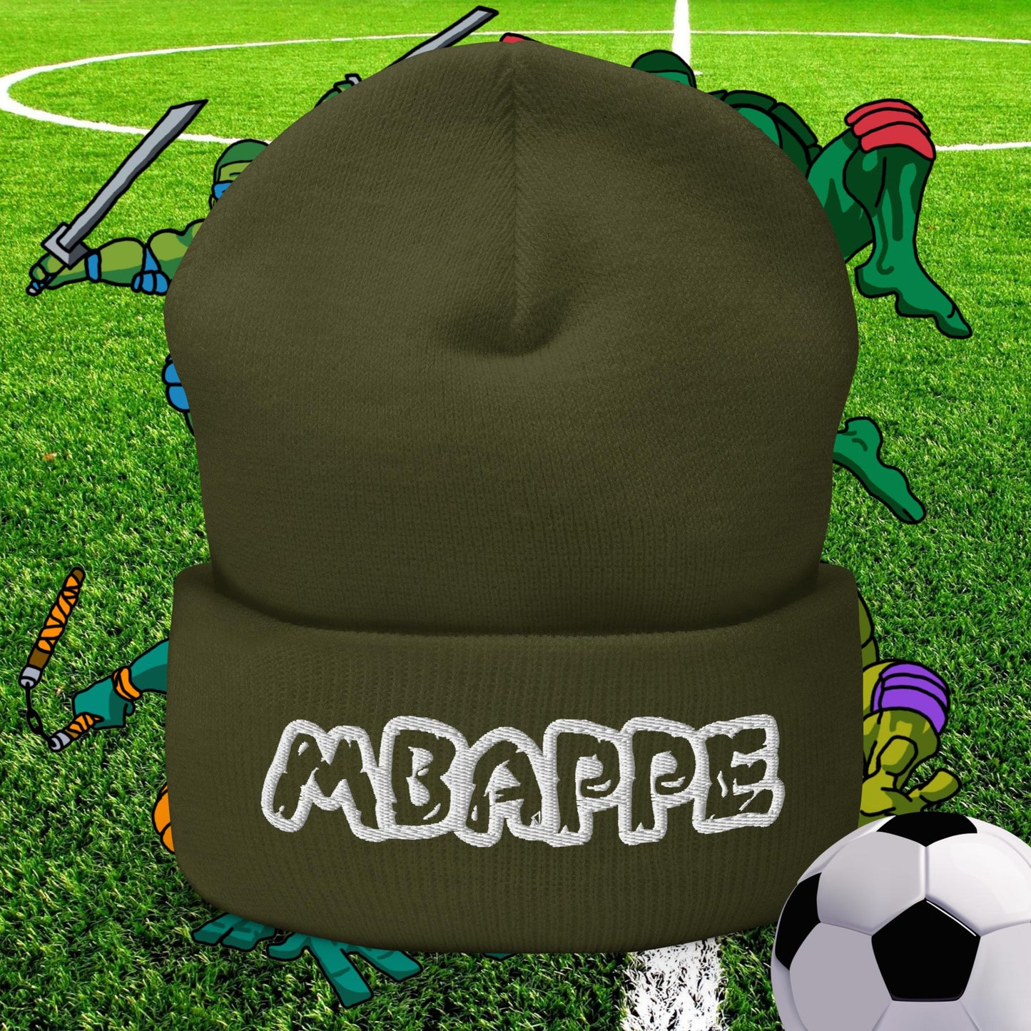 Kylian Mbappe Ninja Turtles Real Madrid Soccer Football Cuffed Beanie Olive Hats Football Kylian Mbappe PSG Real Madrid Next Cult Brand