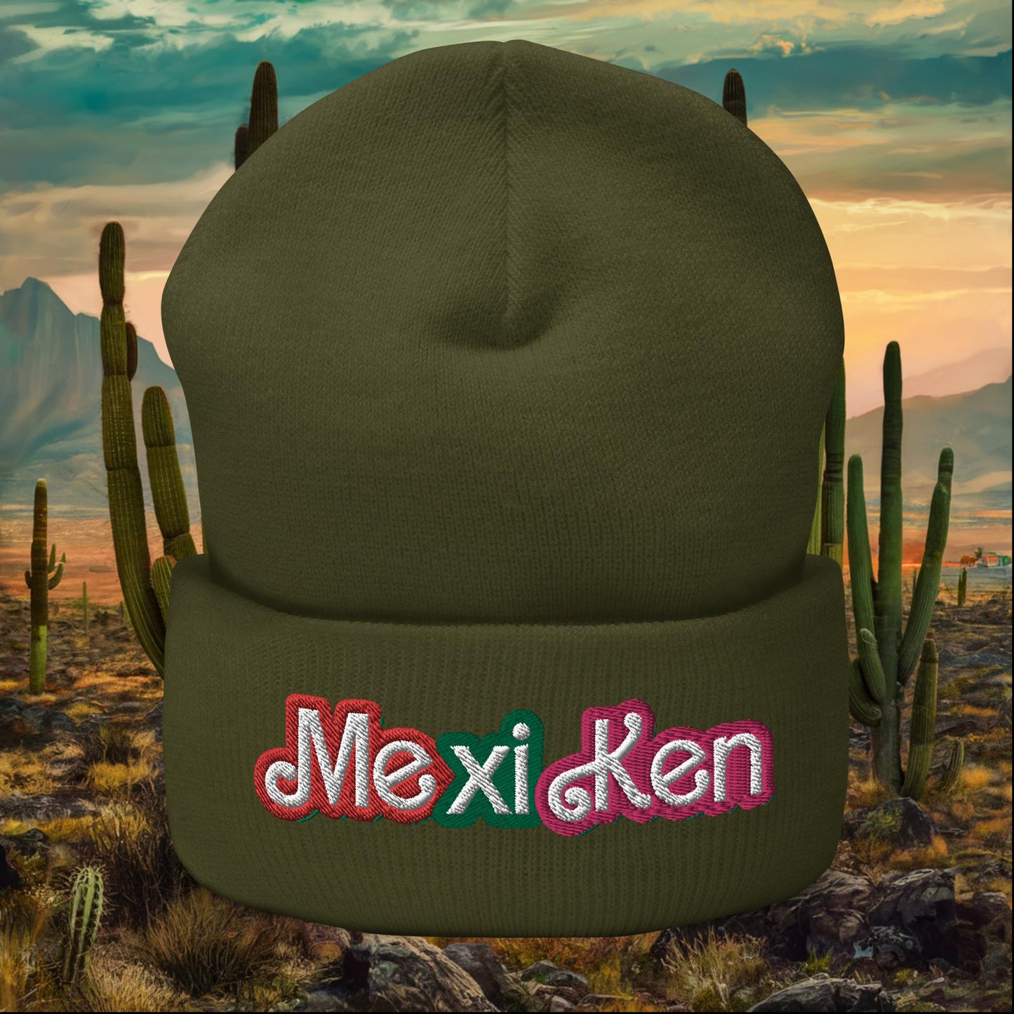 MexiKen Ken Barbie Mexico Mexican Mexicana Latino Latina Latinx Cuffed Beanie Olive Hats Barbie Ken Mexico Movies Next Cult Brand