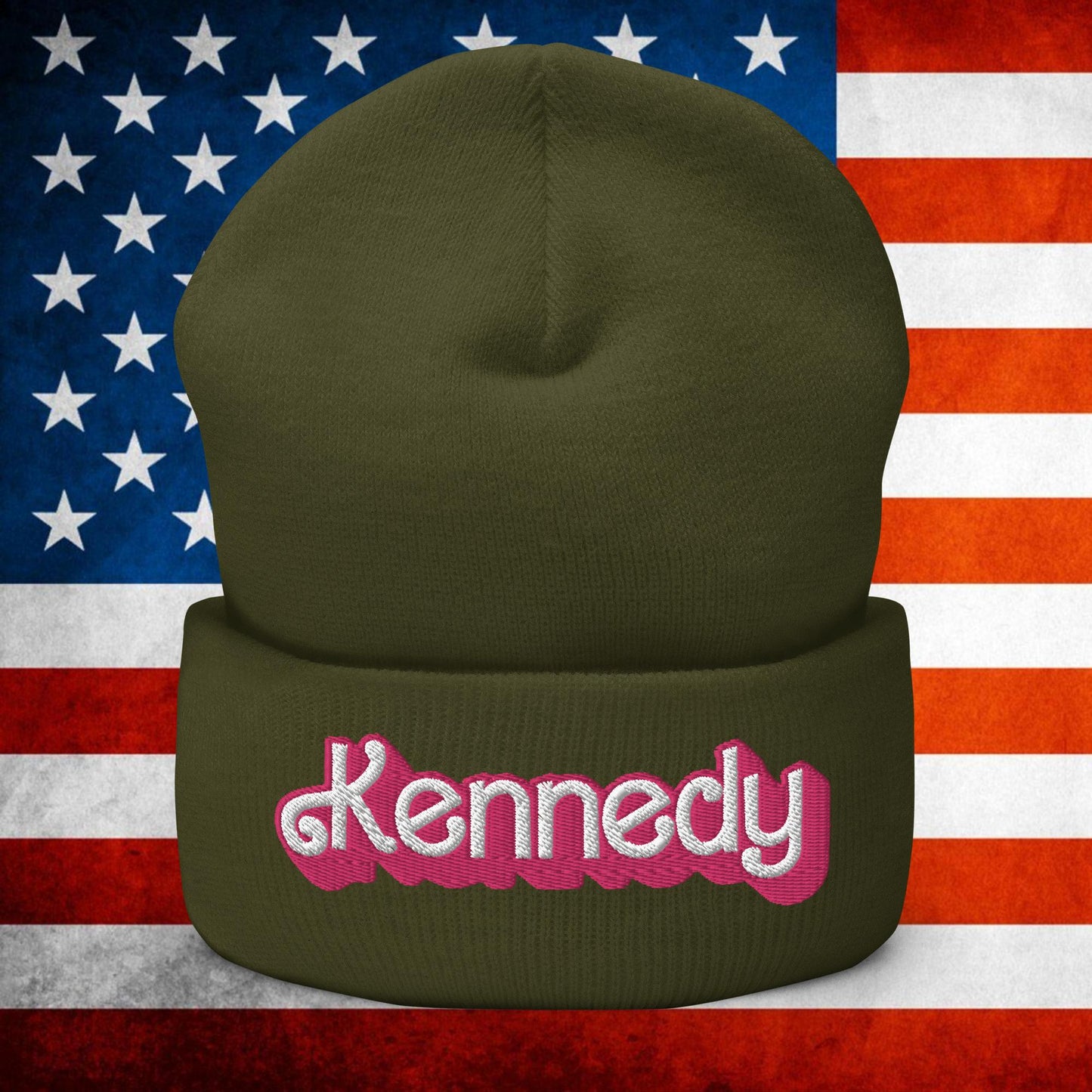 Kennedy JFK Conspiracy Ken Barbie Cuffed Beanie Olive Hats Barbie Democrats JFK Ken Politics Next Cult Brand